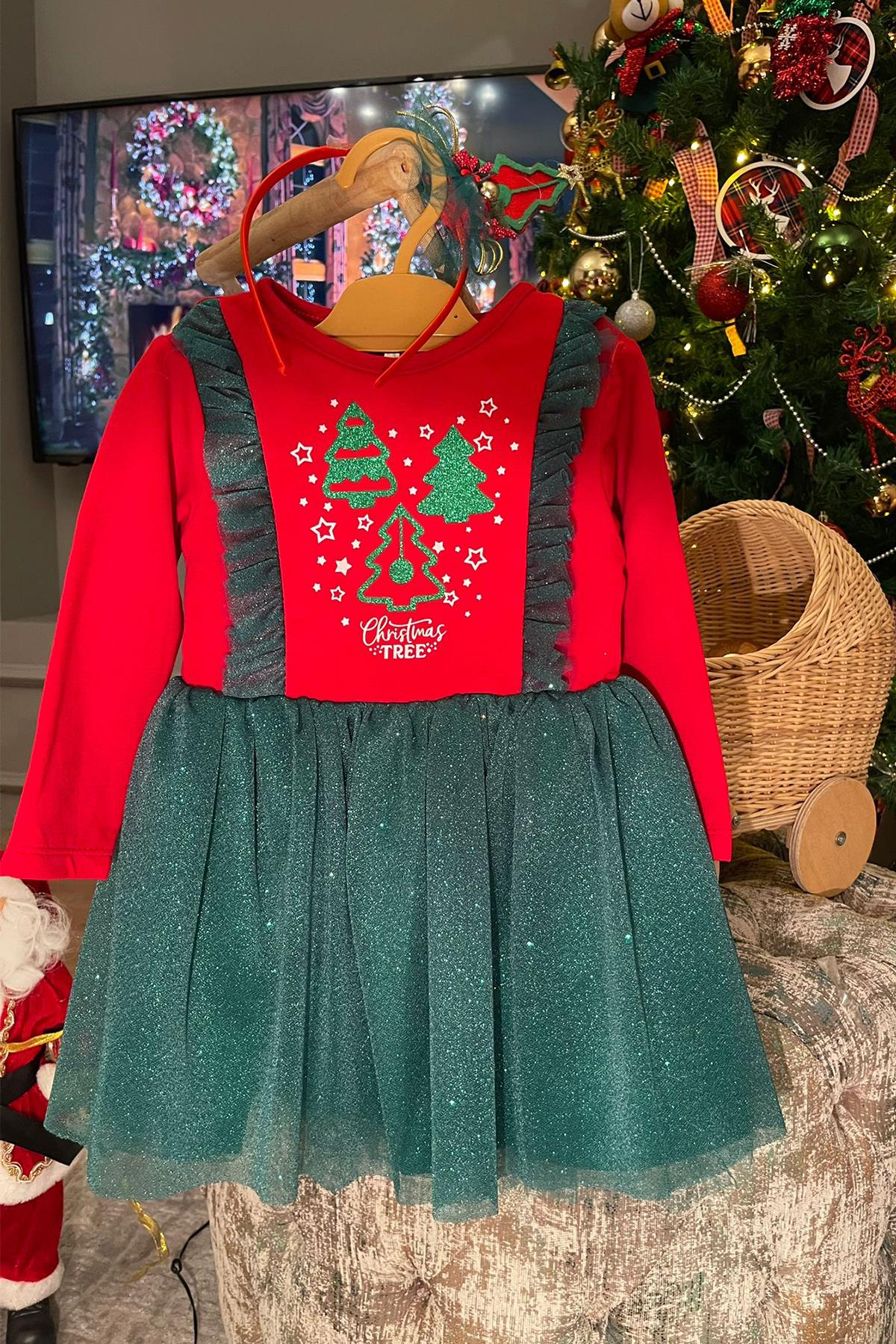 Kids Omuzu Fırfırlı Ağaç Baskılı Elbise