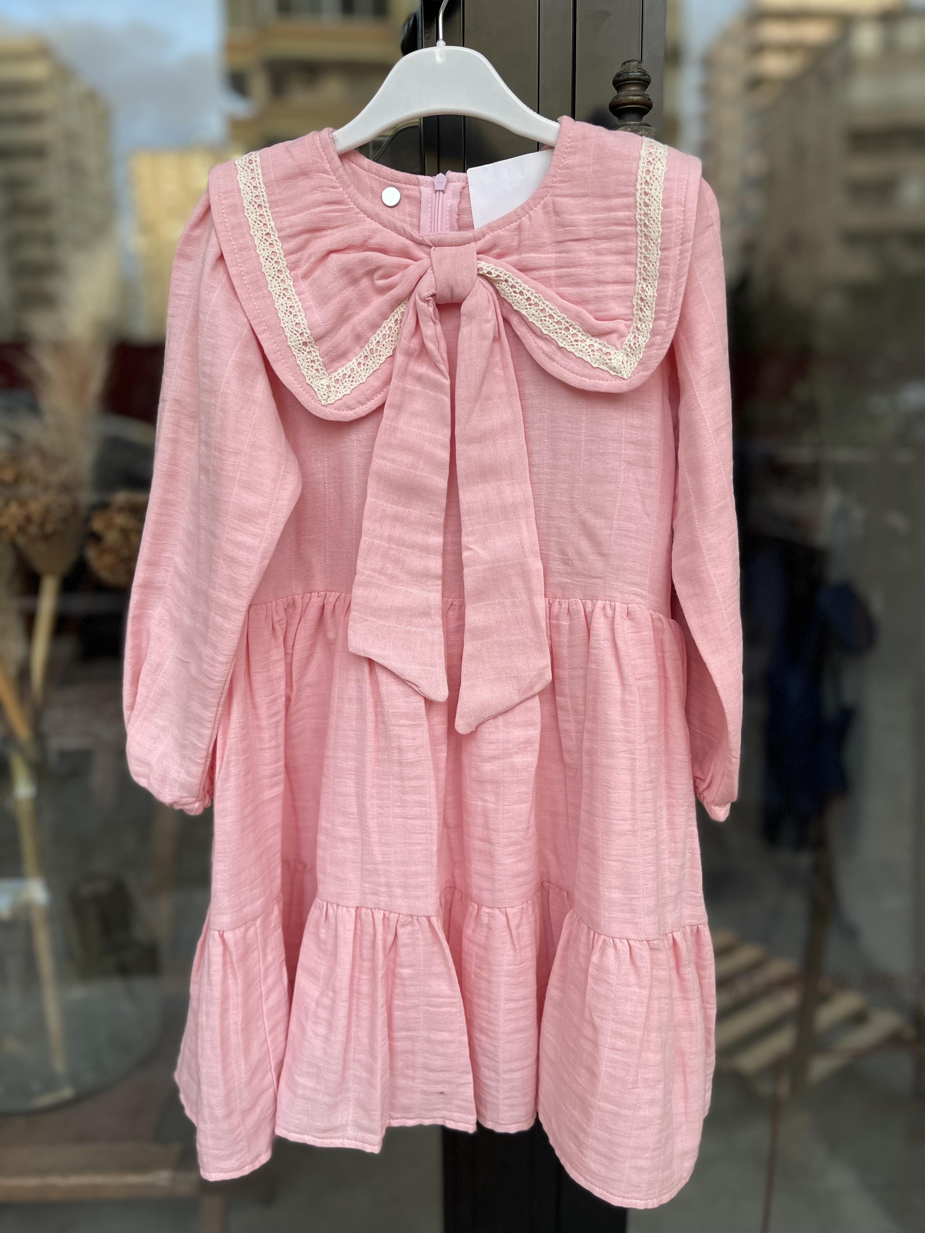 Kids Pembe Büyük Yakalı Fiyonklu Elbise