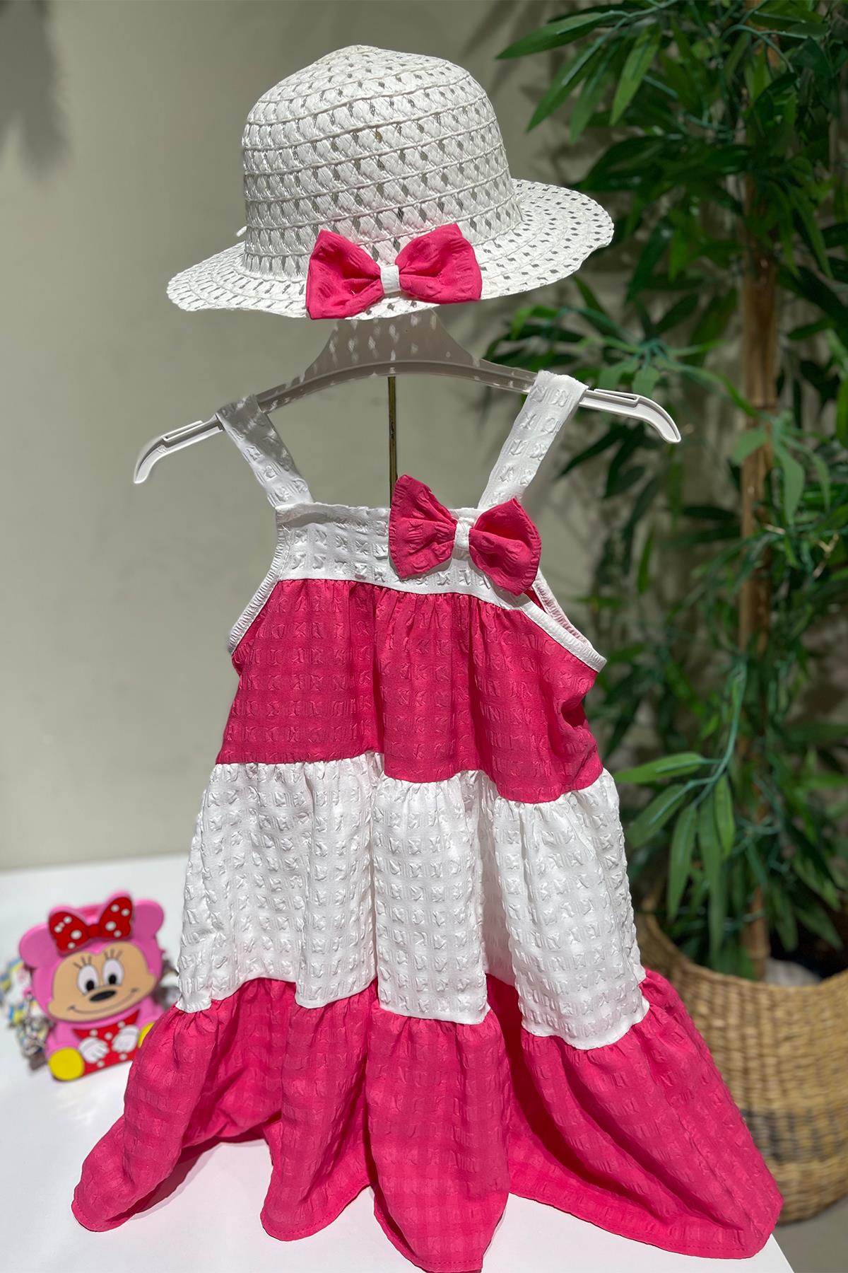 Kids Pembe Gofre Kumaş Şapkalı Elbise