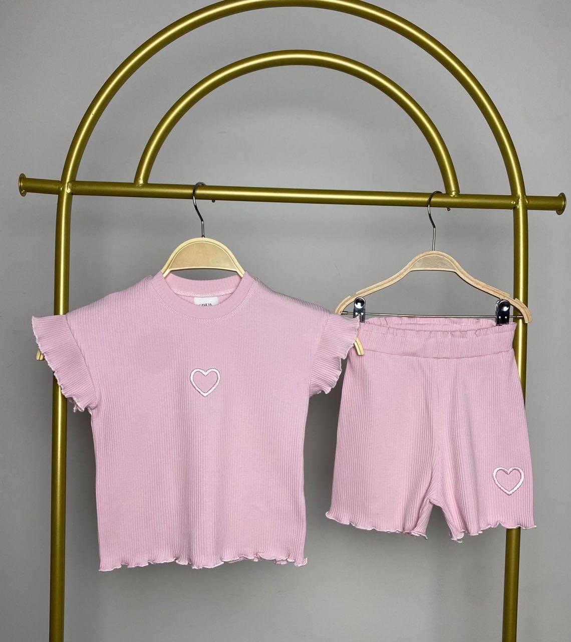 Kids Pembe Kalpli Nakışlı Şort Takım