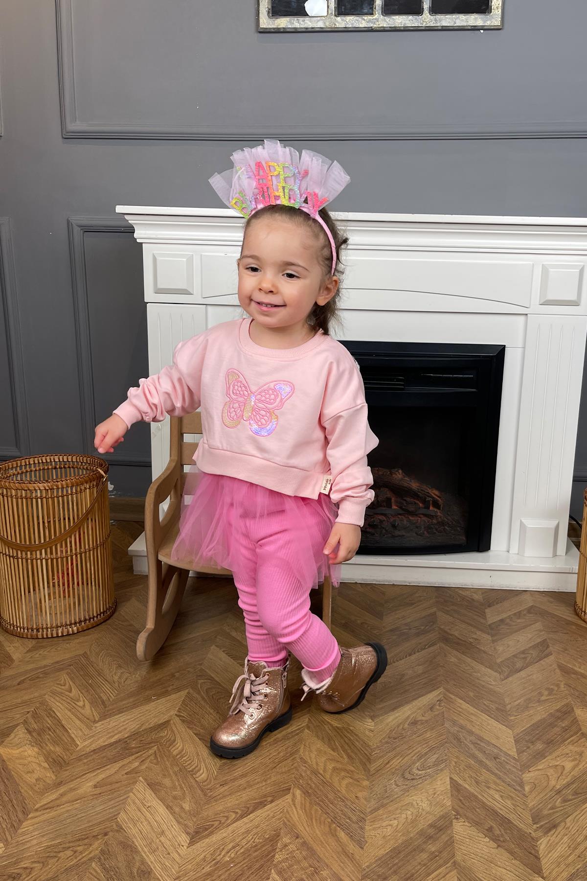 Kids Pembe Kelebekli Tüllü Tayt Takım