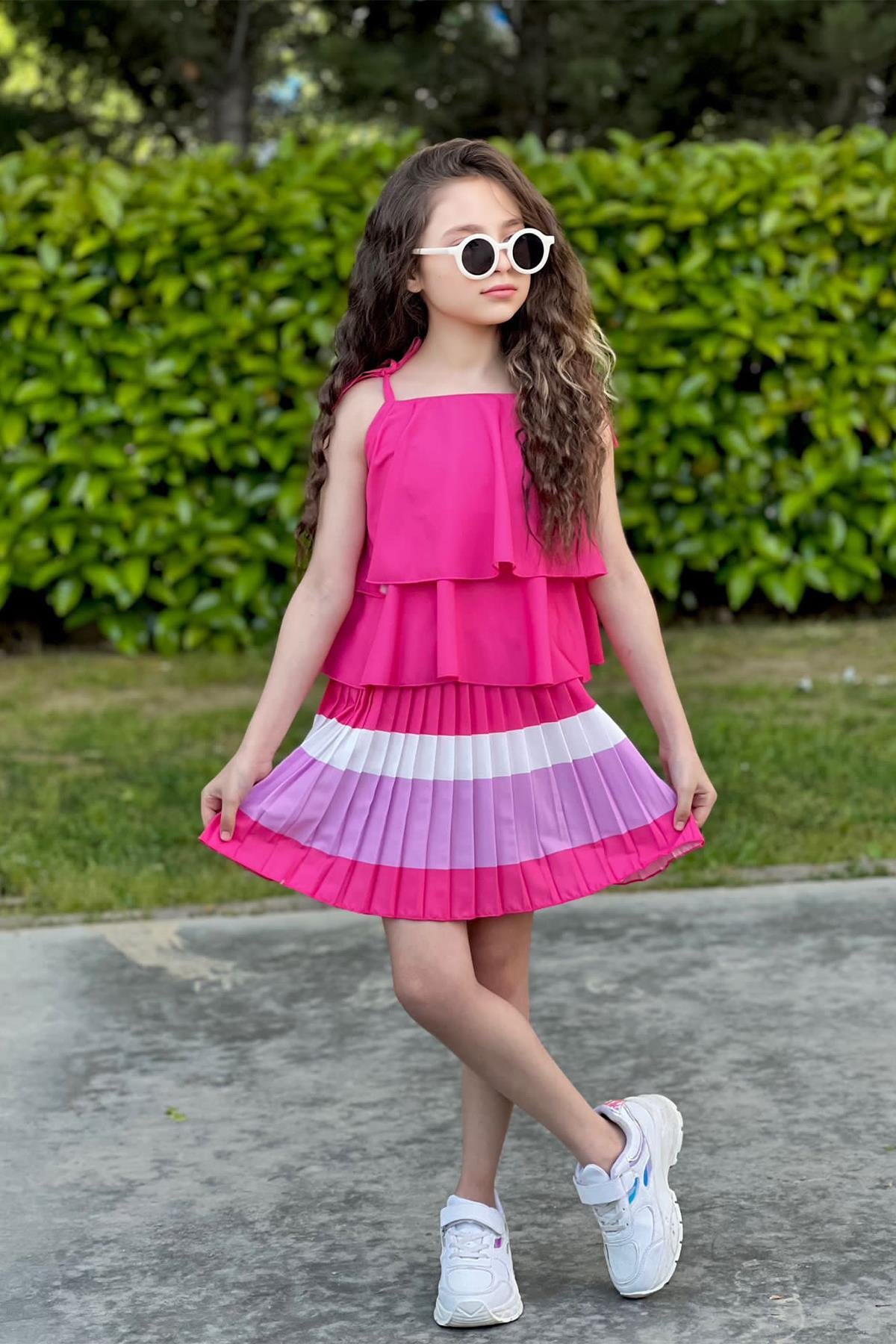Kids Pembe Pliseli Etekli Takım