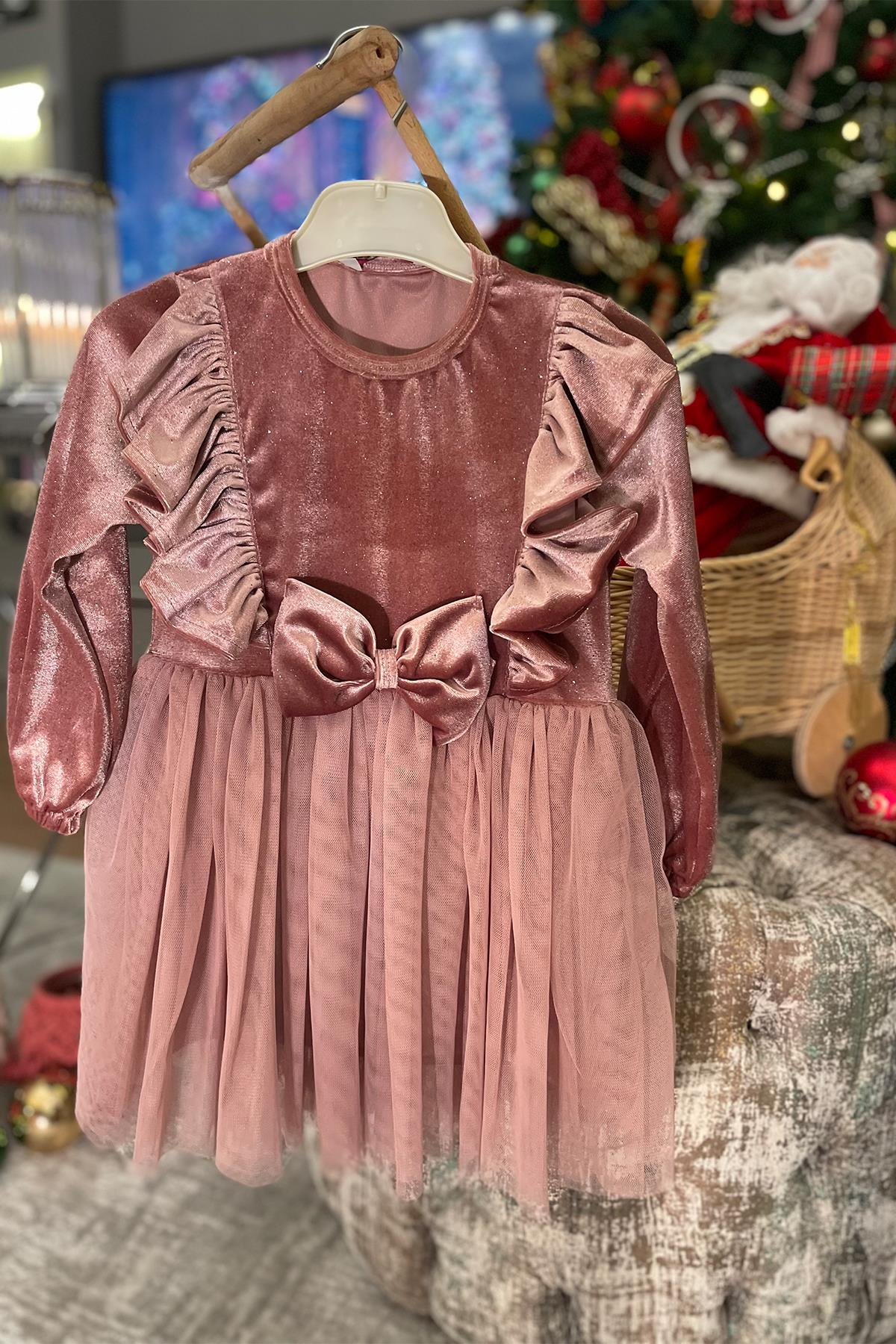 Kids Pudra Kadife Tüllü Elbise