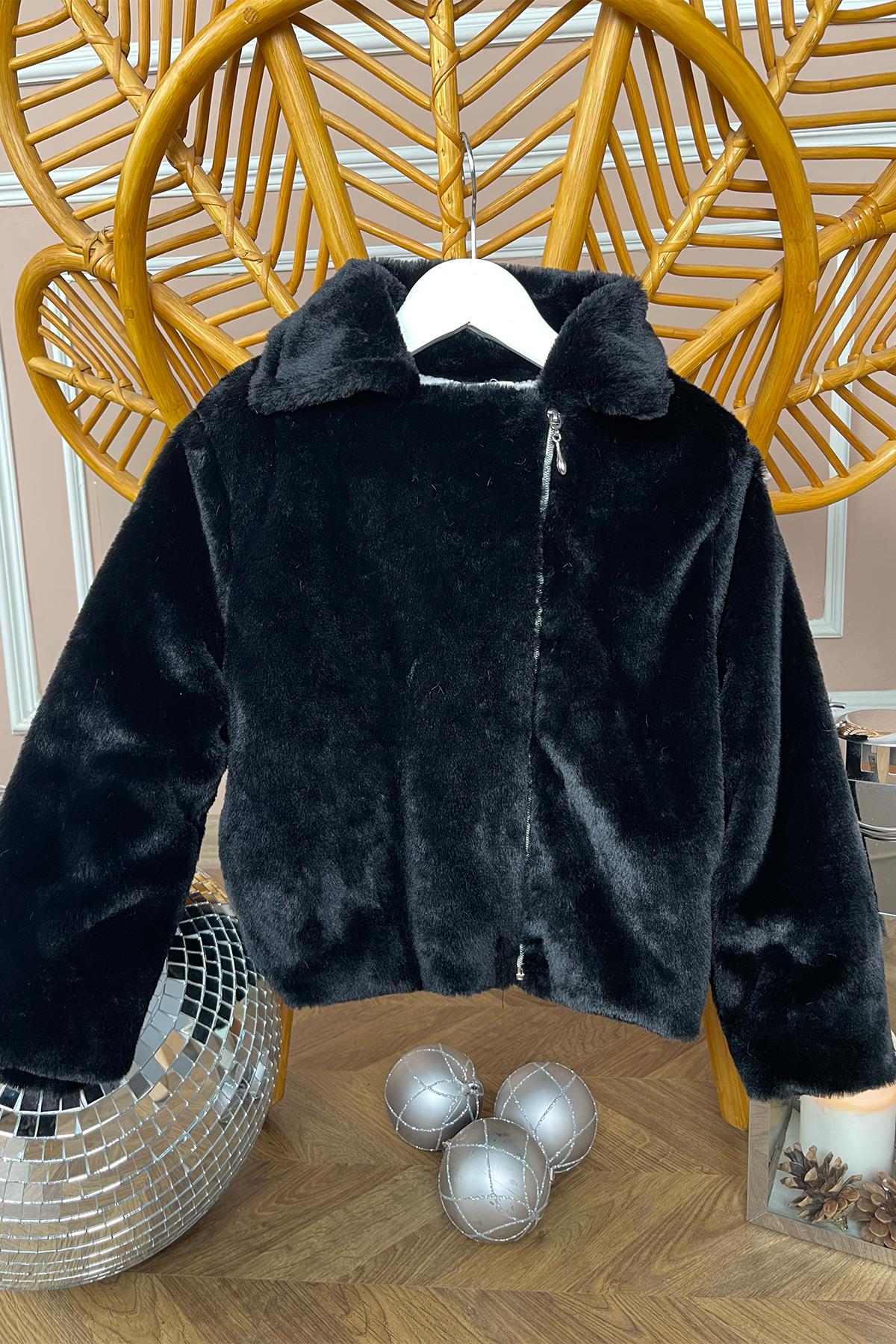 Kids Siyah Fermuarlı Peluş Mont