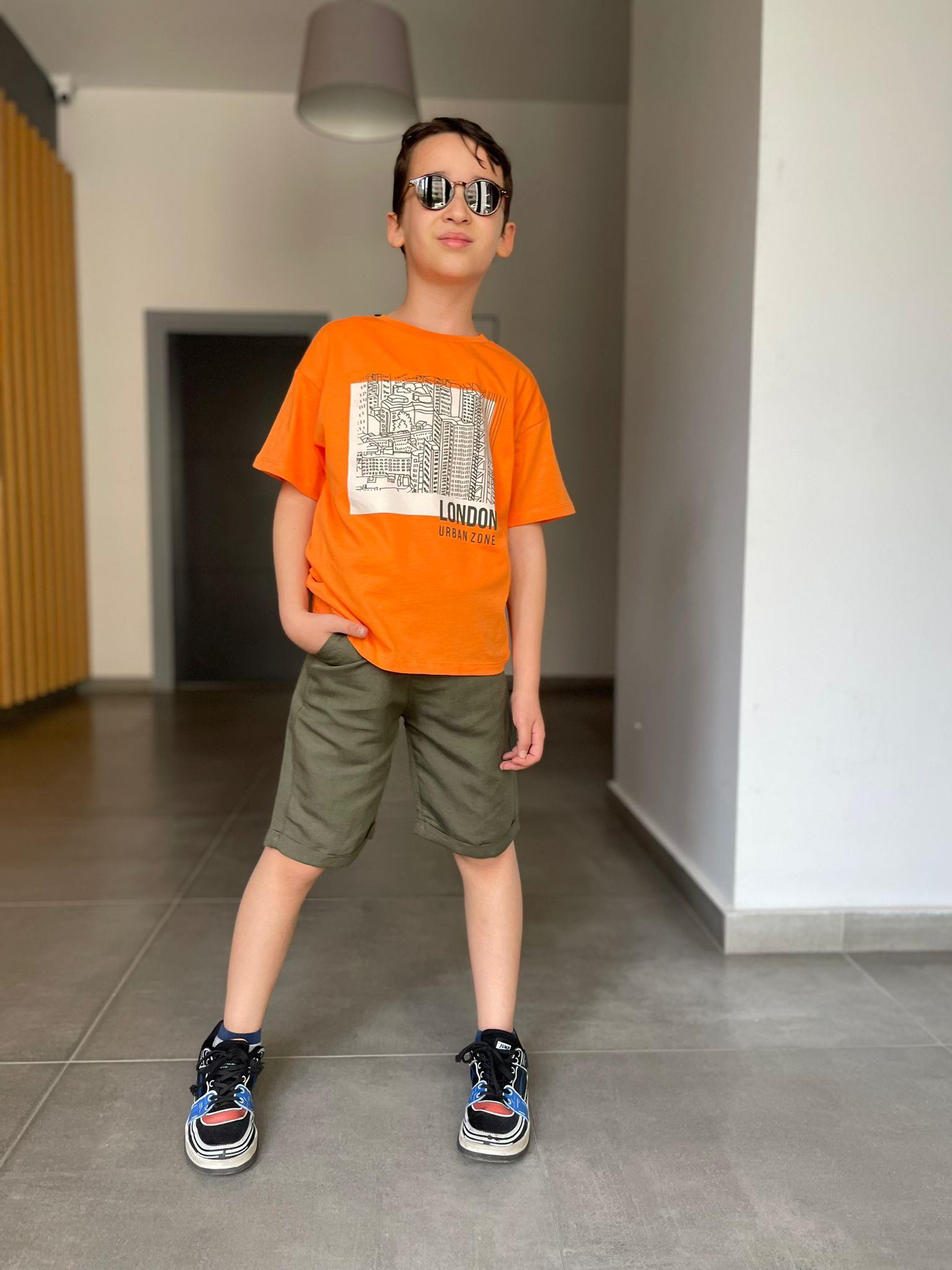 Kids Turuncu Haki Şortlu Baskılı Takım