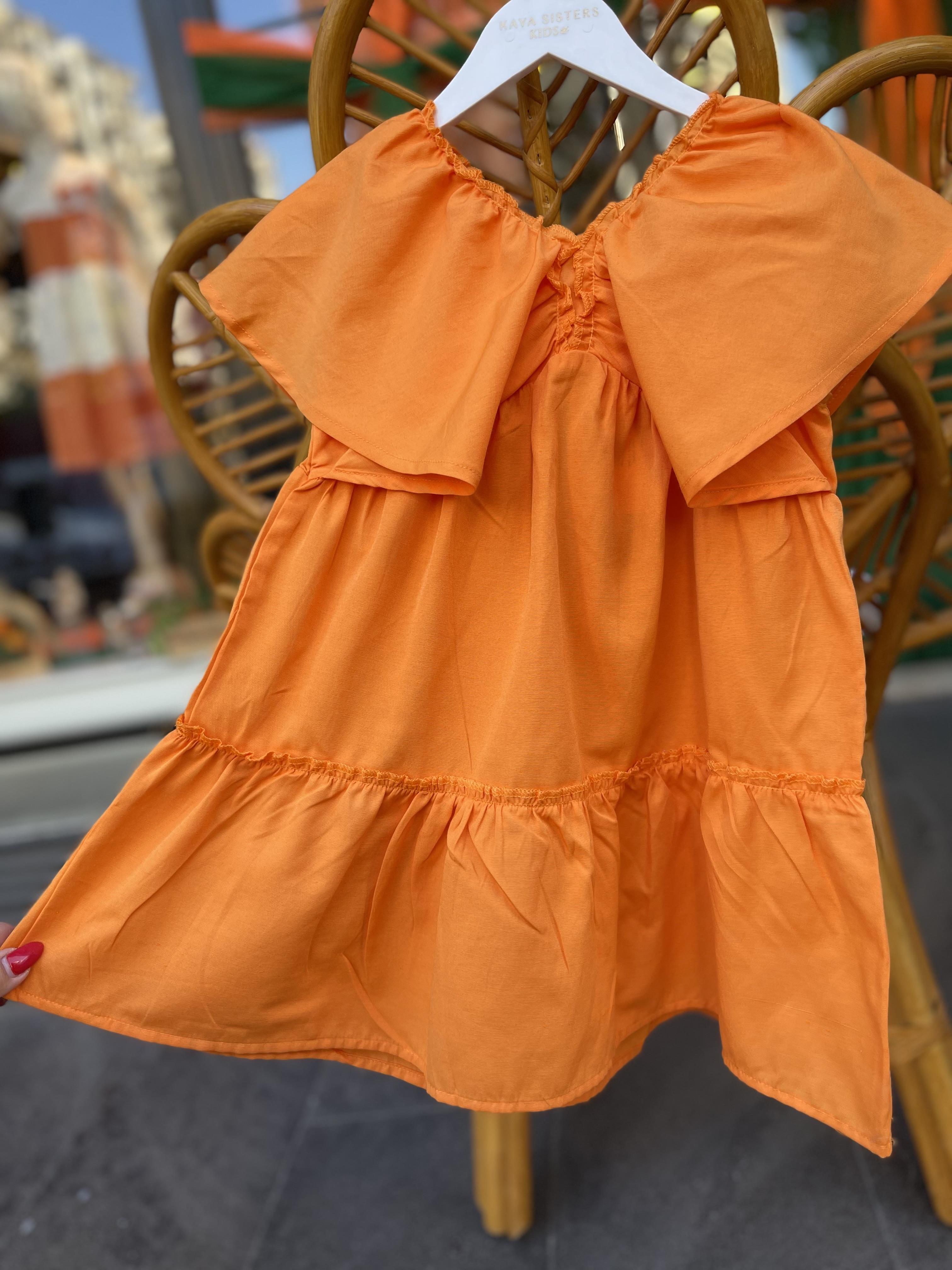 Kids Turuncu Kolları Volanlı Poplin Elbise