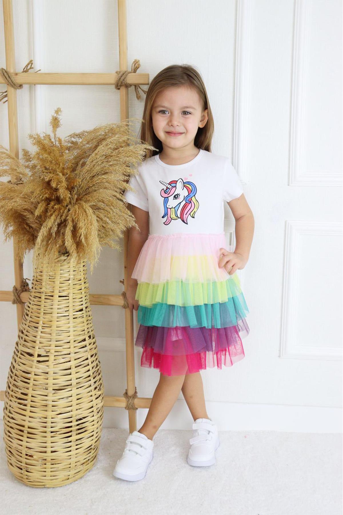 Kids Unicorn Renkli Katlı Elbise