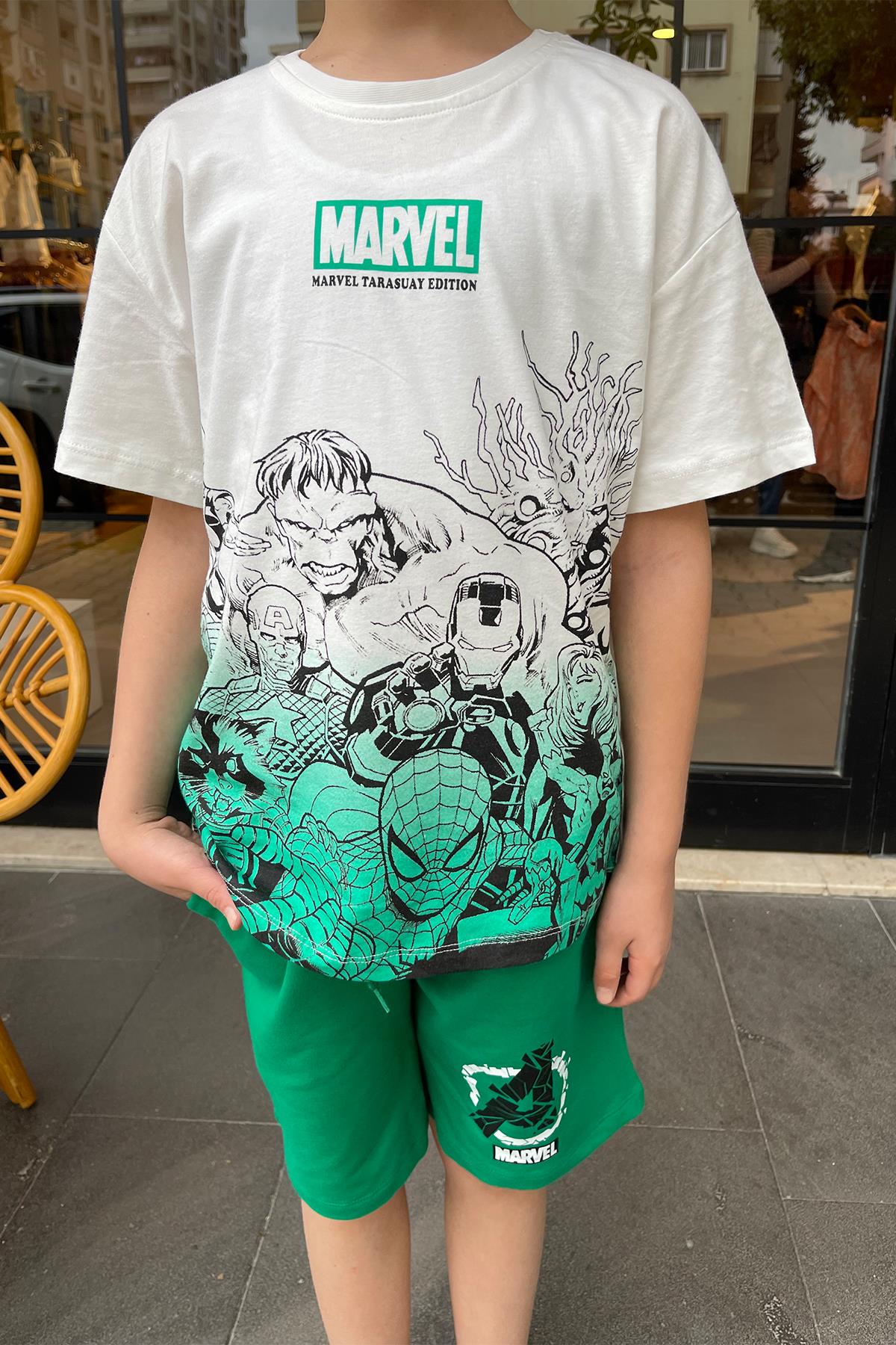 Kids Yeşil Marvel Desenli Şort Takım