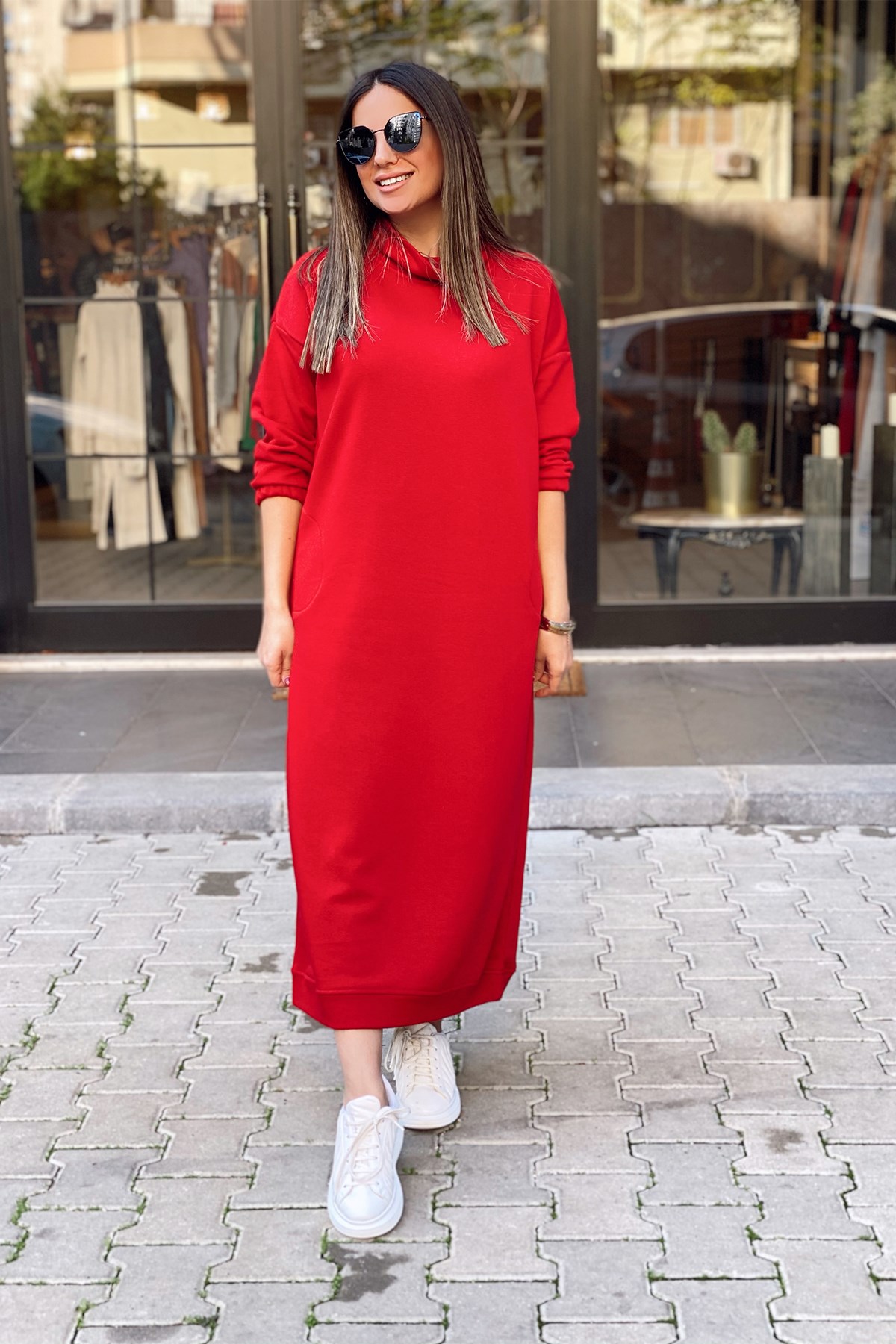 Kırmızı Balıkçı Yaka Oversize Elbise