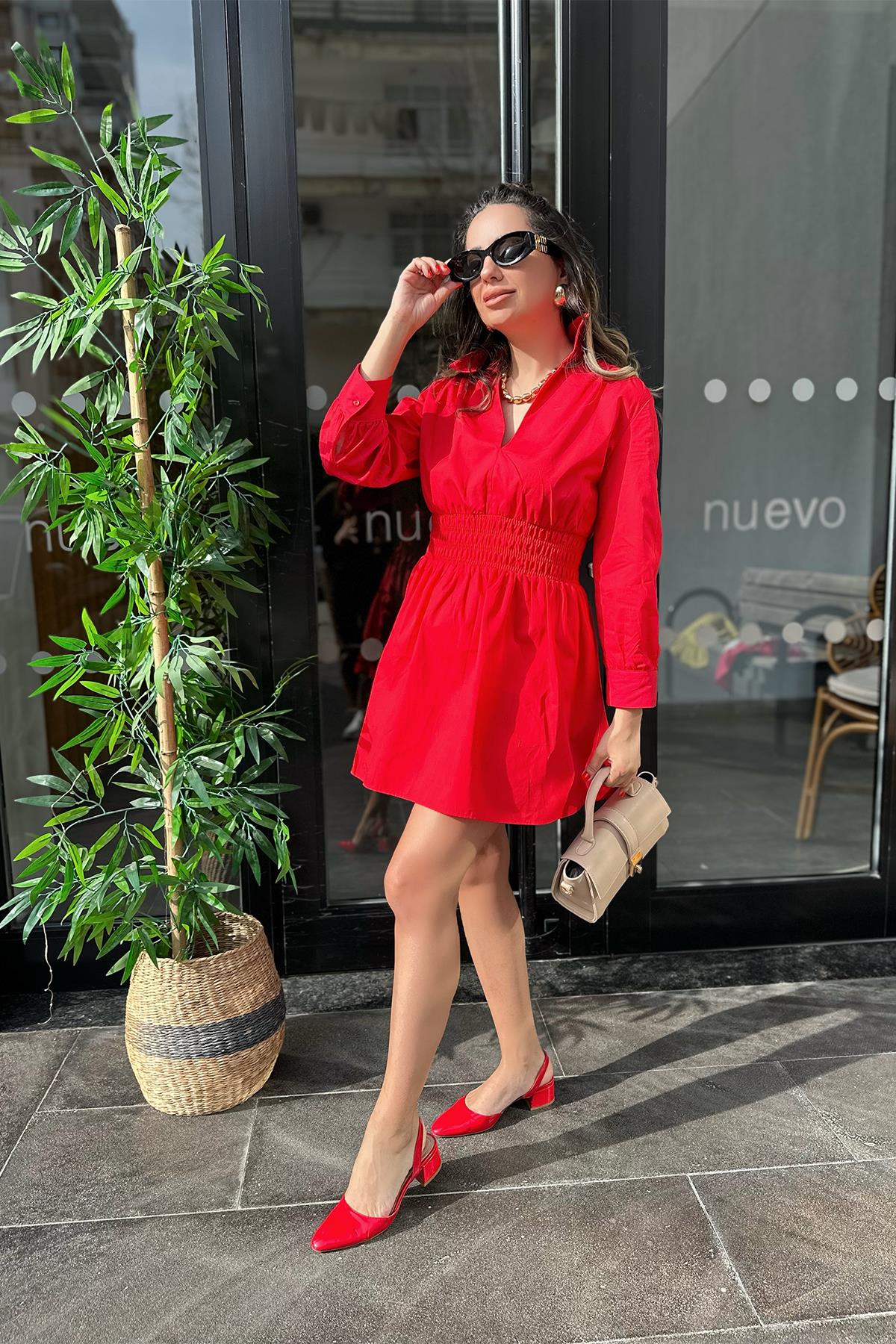 Kırmızı Beli Lastikli Poplin Elbise