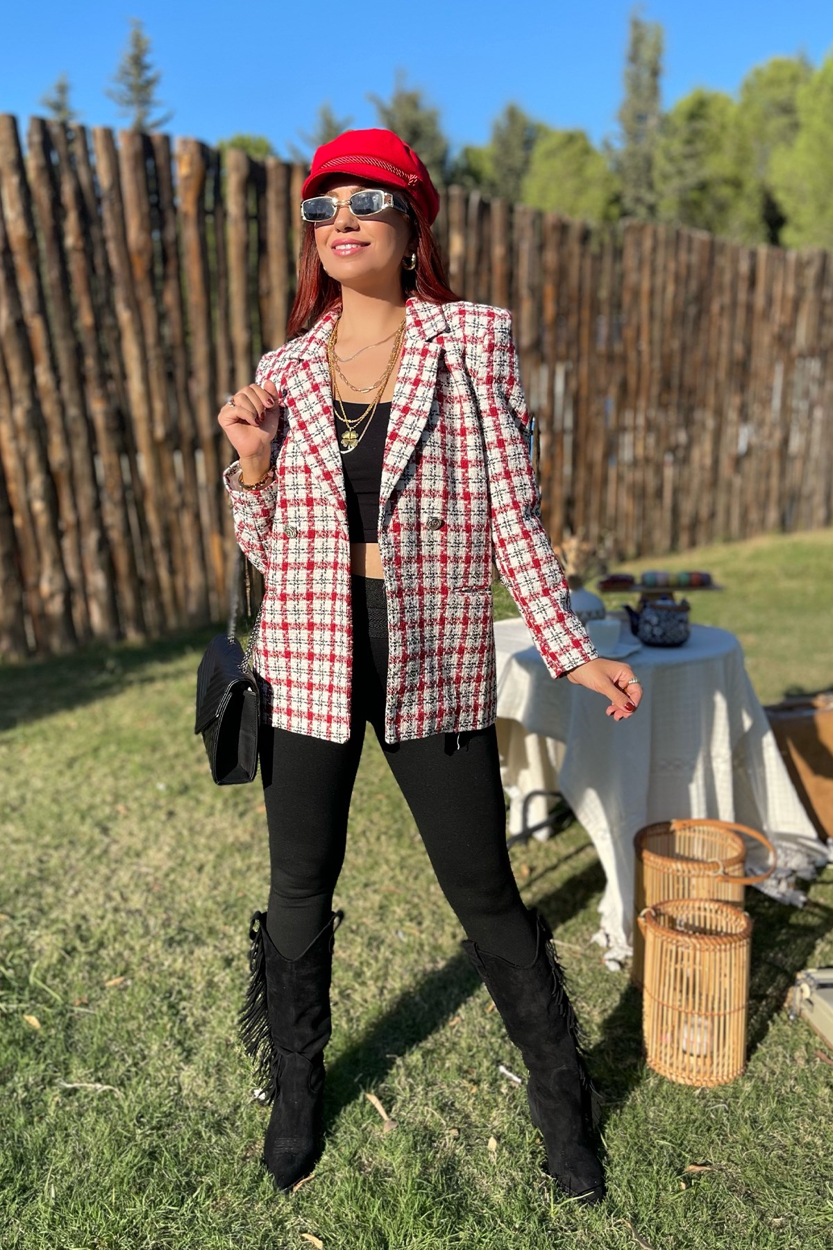 Kırmızı Ekose Blazer Ceket