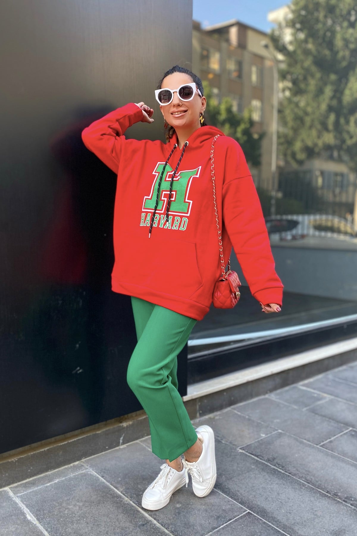 Kırmızı Harward Baskılı Kapşonlu Sweatshirt