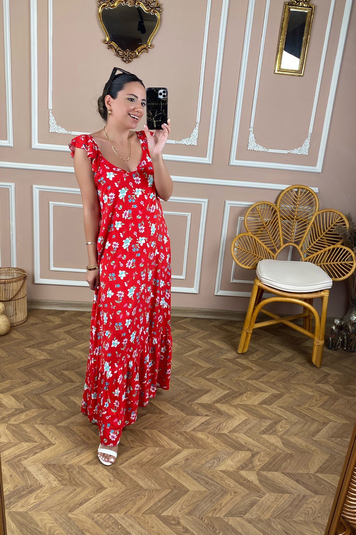 Kırmızı Kol Volanlı Desenli Uzun Elbise