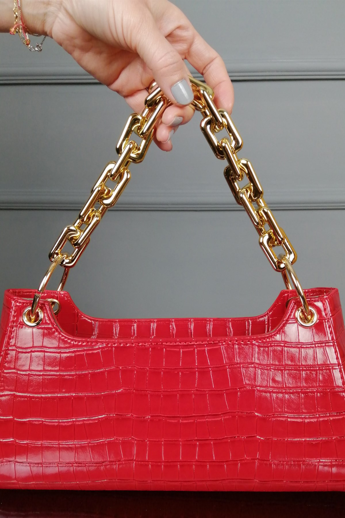 Kırmızı Krok Desenli  Çanta