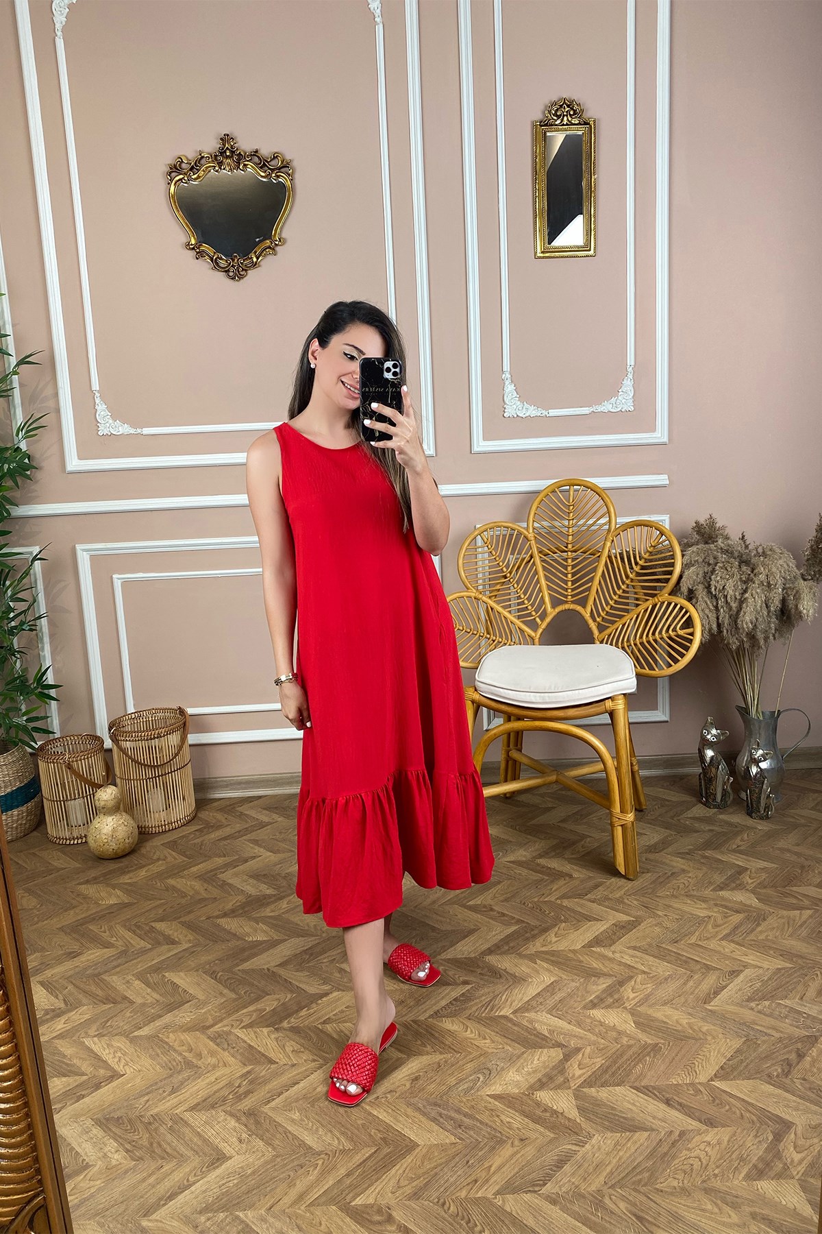 Kırmızı Sıfır Kol Altı Volanlı Elbise