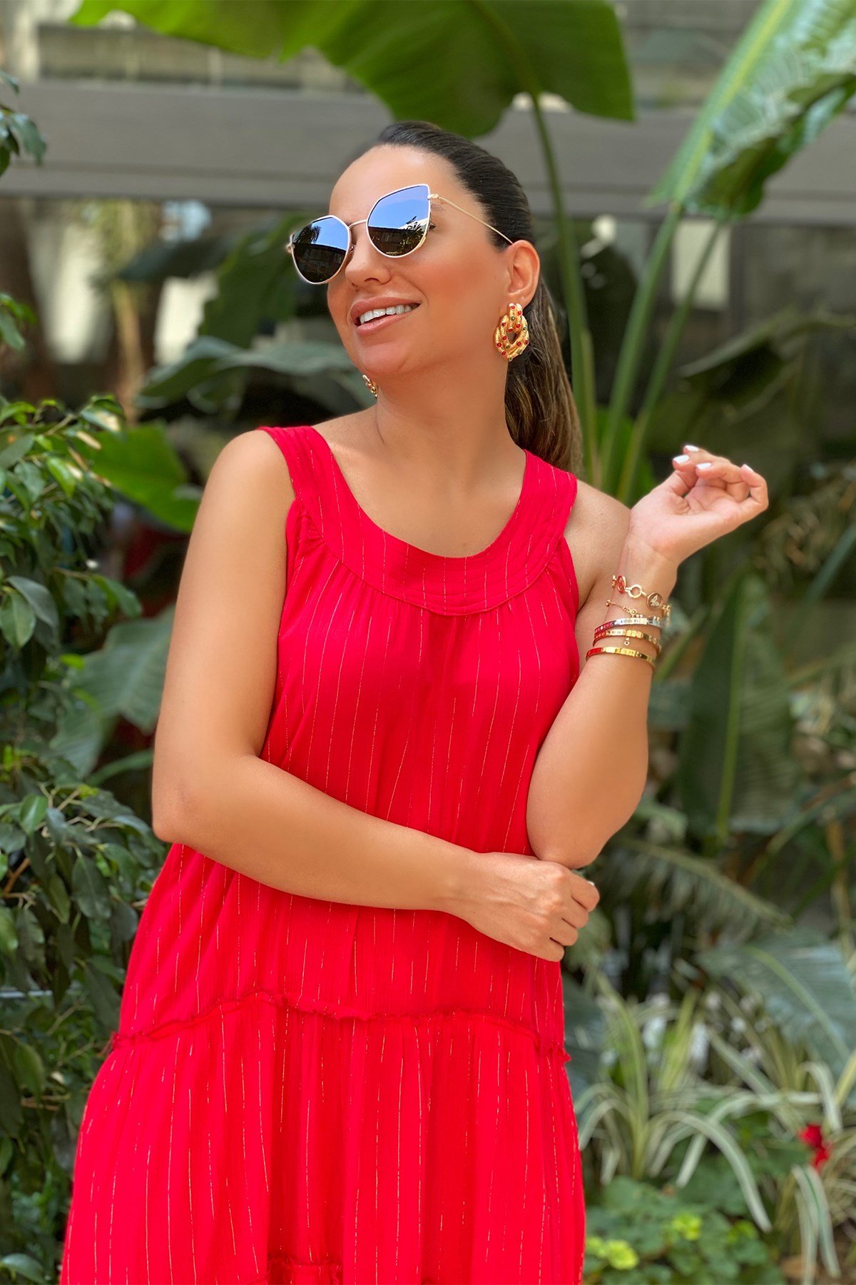 Kırmızı Sim Şeritli Uzun Elbise