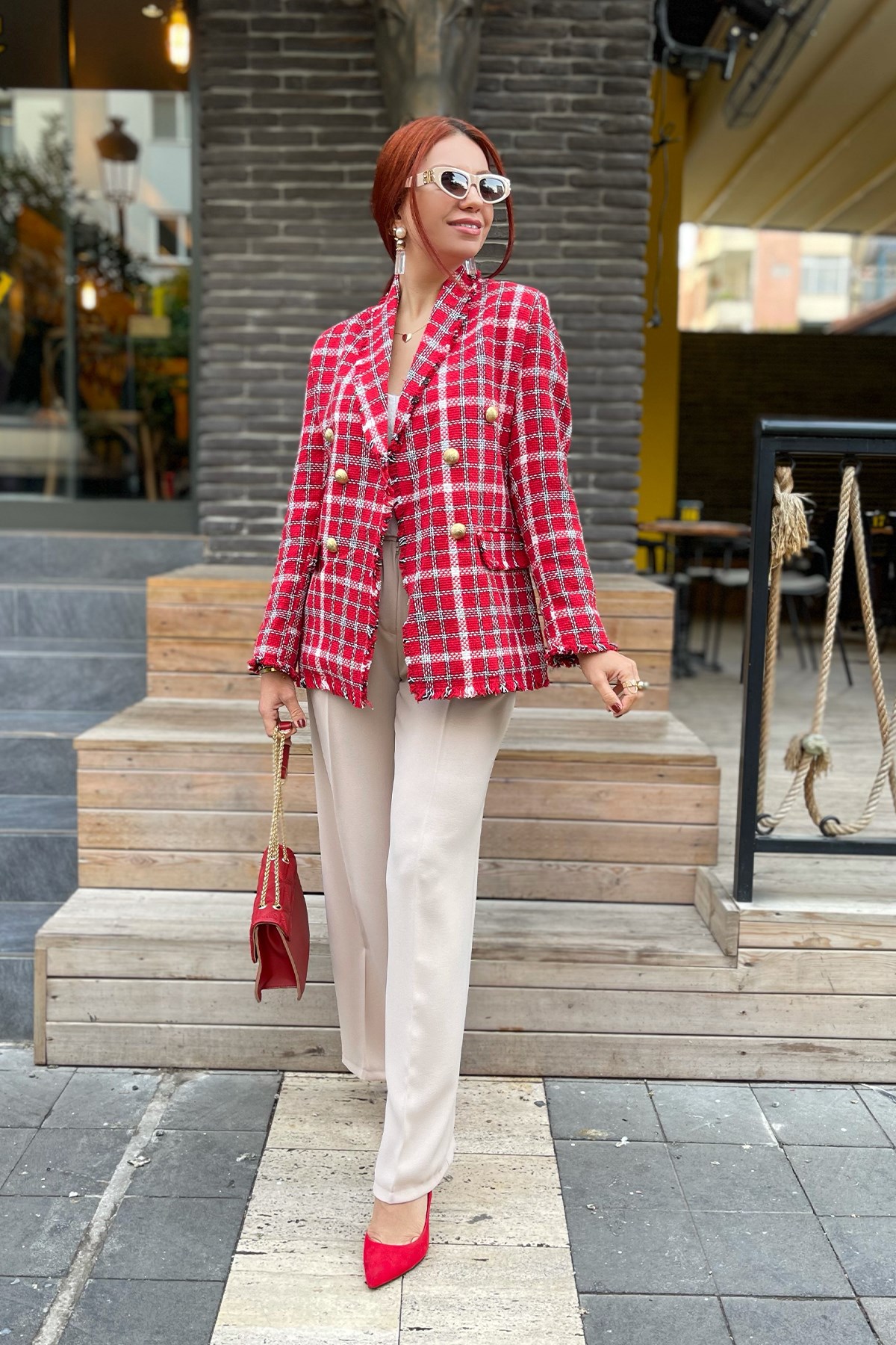 Kırmızı Tuvid Blazer Ceket