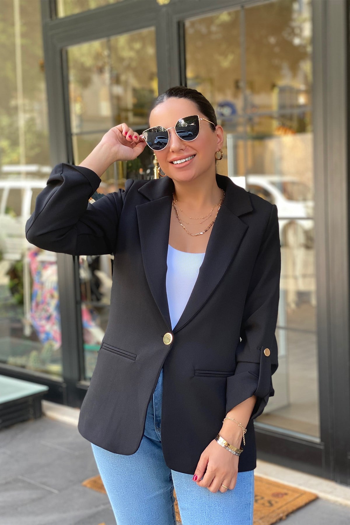Kol Apoletli Siyah Blazer Ceket
