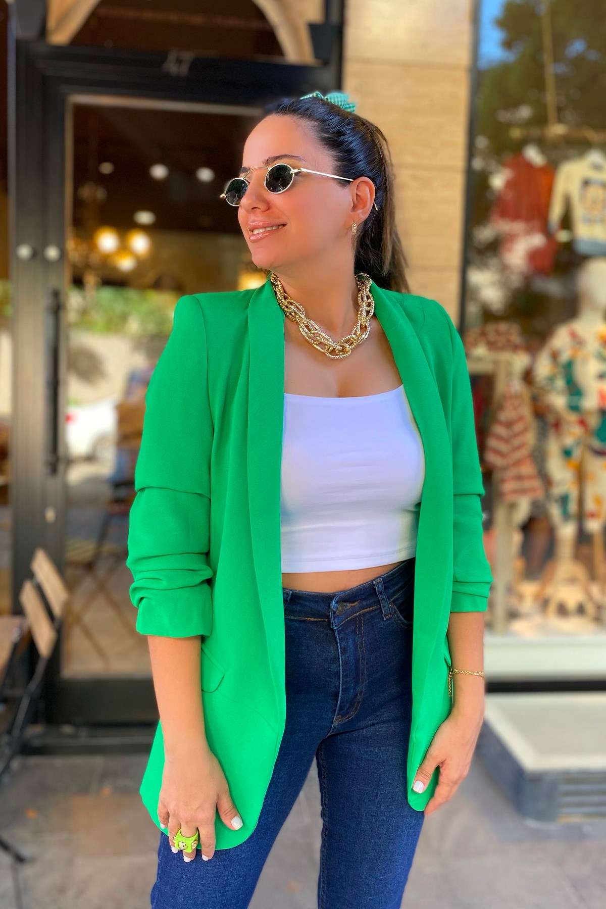 Kolları Büzgülü Yeşil Blazer