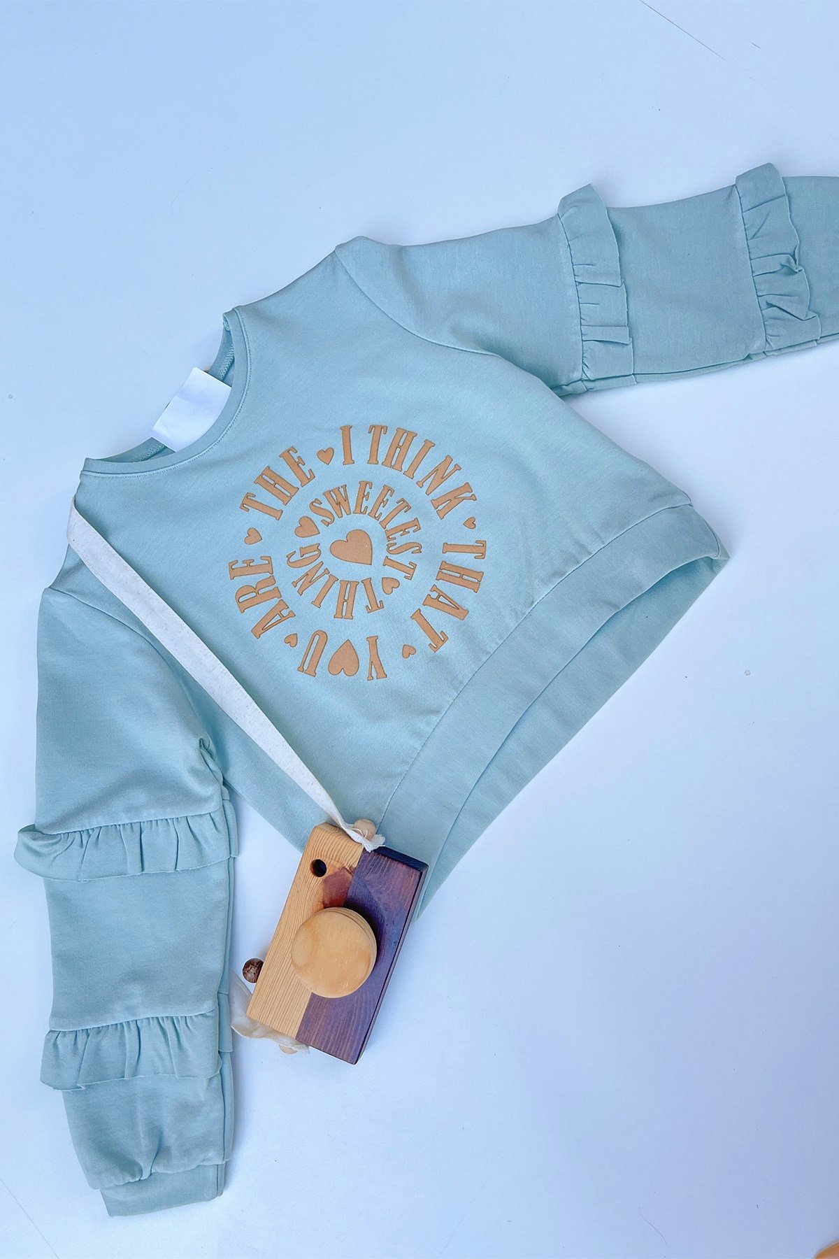 Kolları Fırfırlı Önü Baskılı Mint Yeşili Rengi Takım