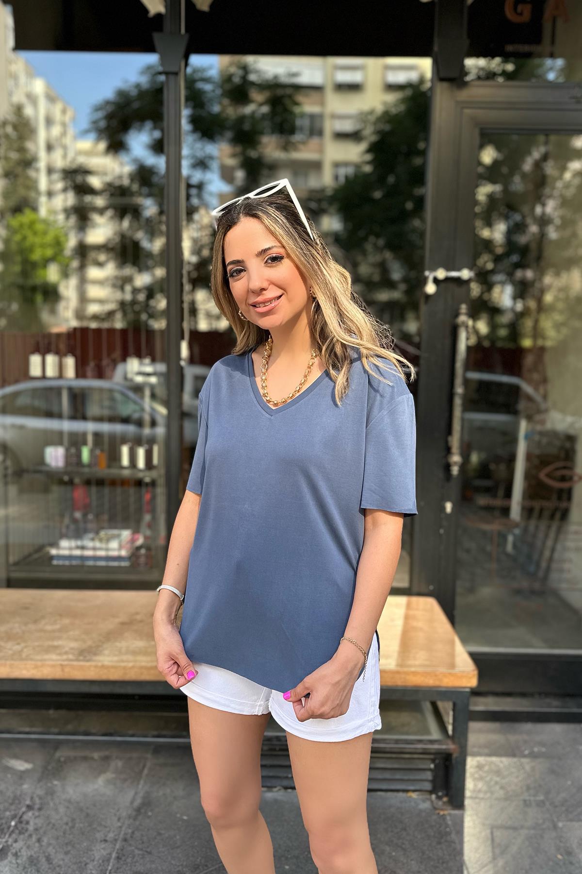 Koyu Mavi Modal Kumaş Tshirt