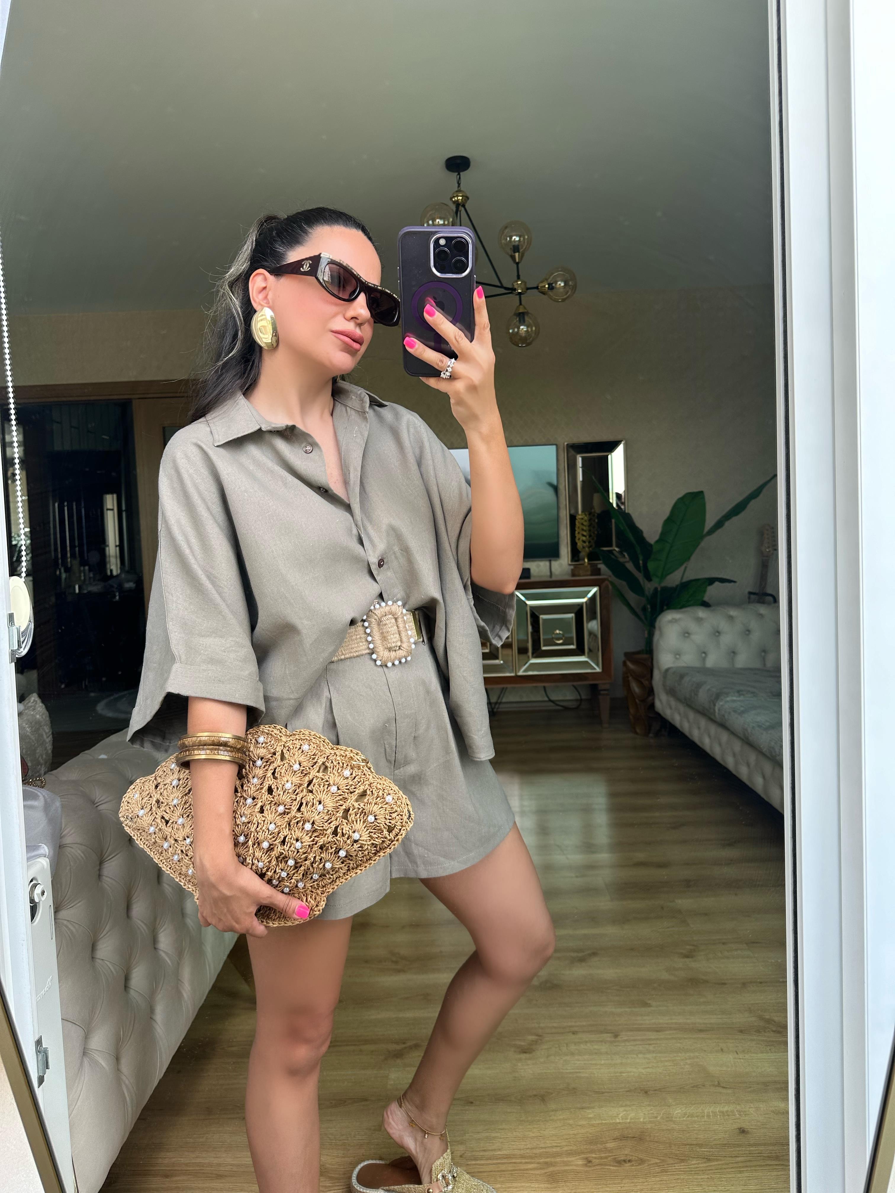 Koyu Vizon  Hasır Kemerli Şort Gömlek Takım