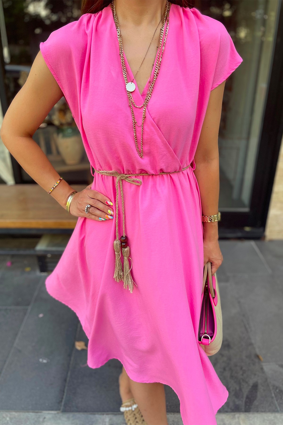 Kruveze Yaka Halat Kemerli Pembe Elbise