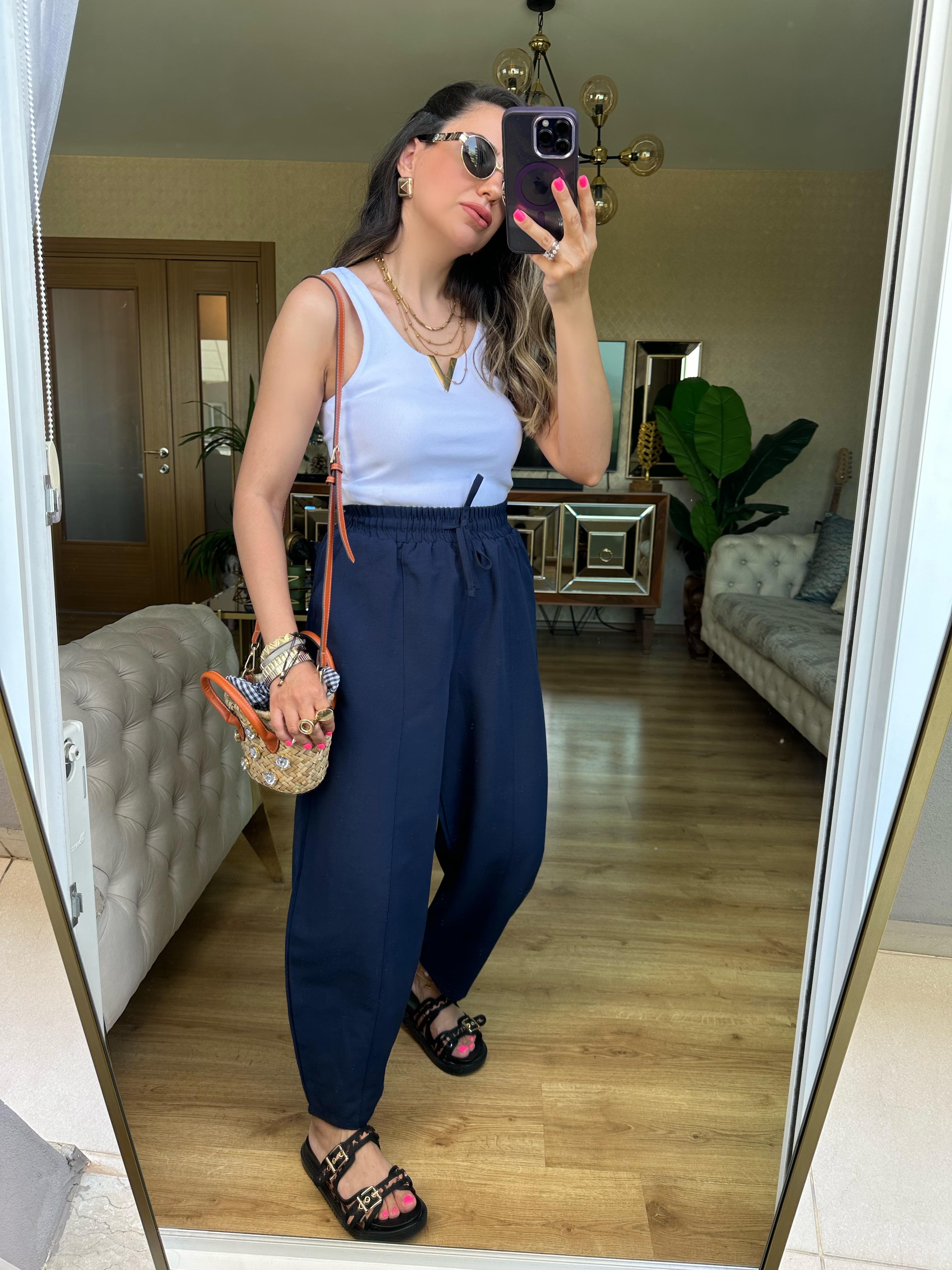 Lacivert Beli Lastikli Keten Pantolon