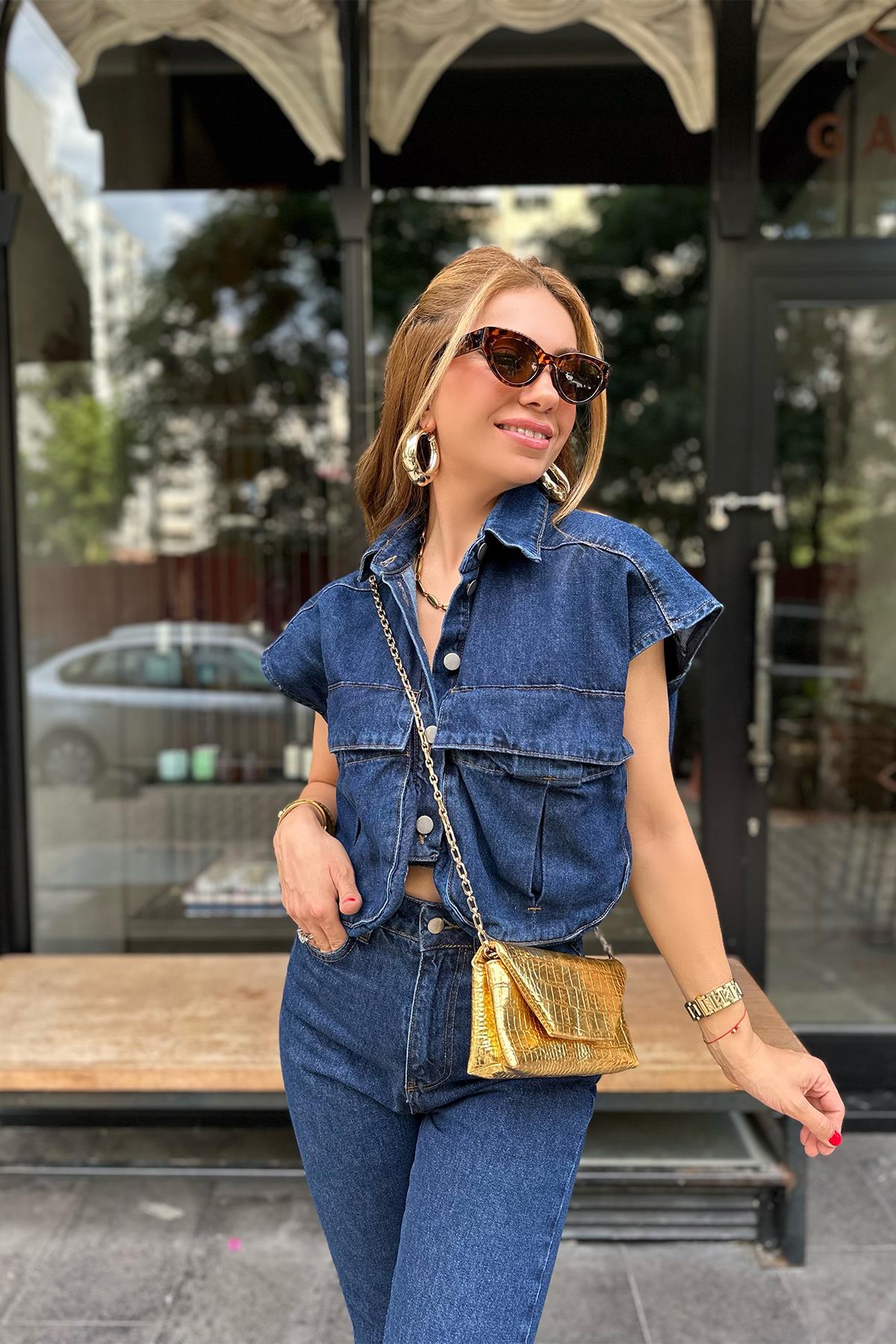 Lacivert Denim Gömlek Yelek