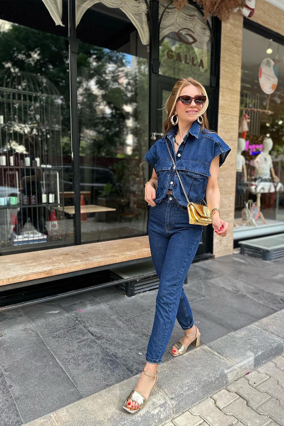 Lacivert Dikiş Detaylı Yüksek Bel Mom Jean