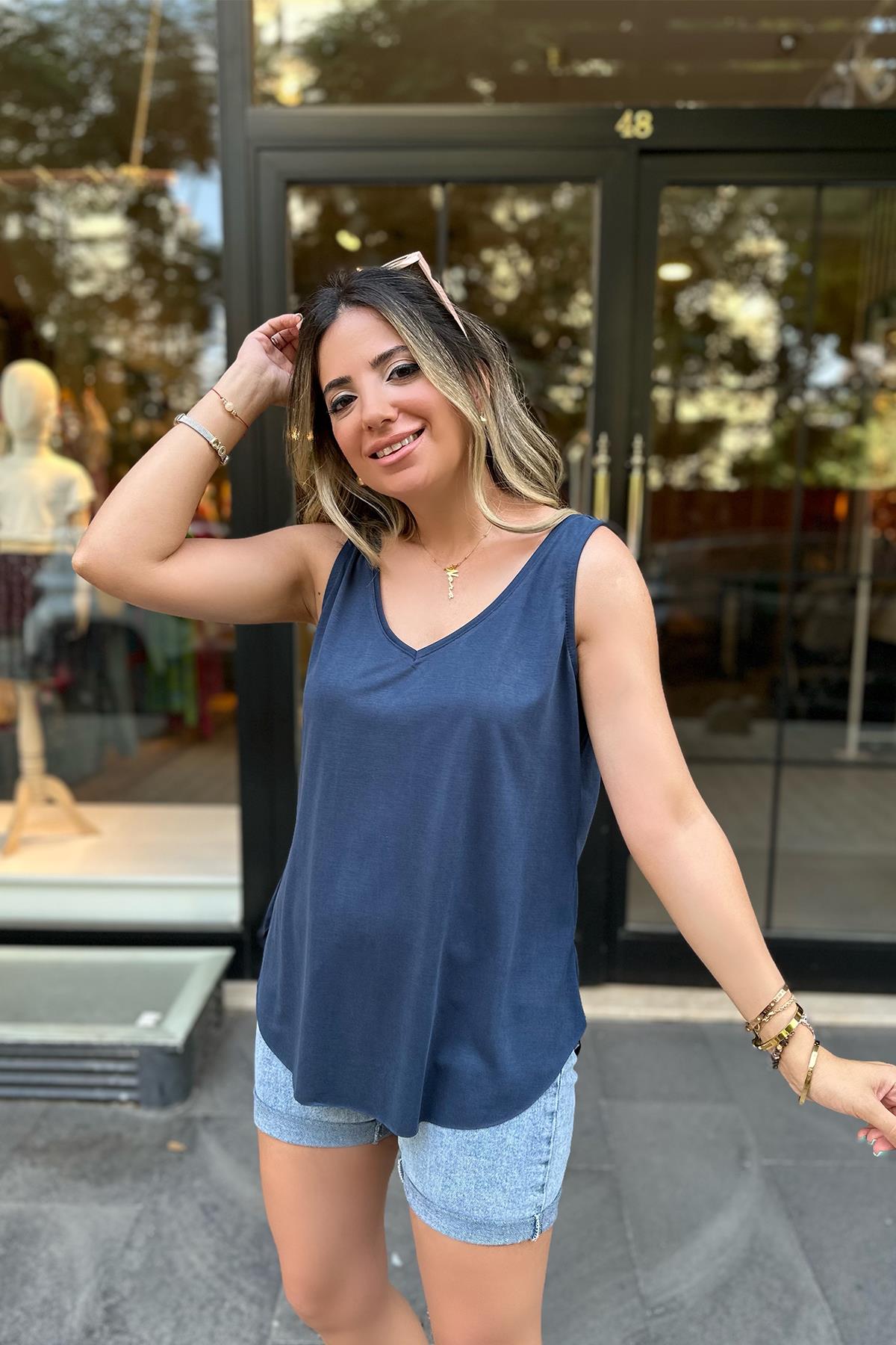 Lacivert Kolsuz Modal Kumaş Bluz