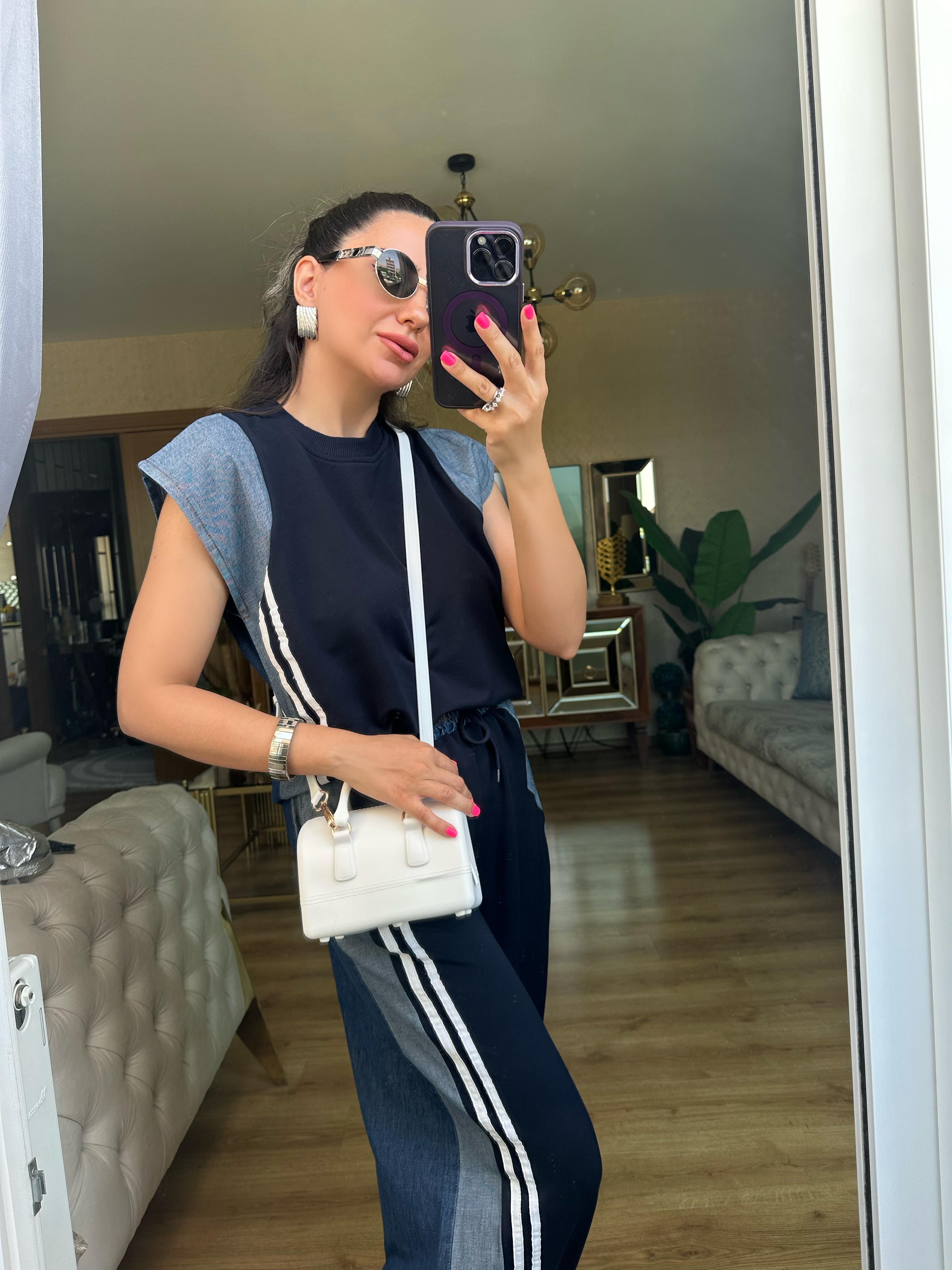 Lacivert Kot Detaylı Pantolon Bluz Takım