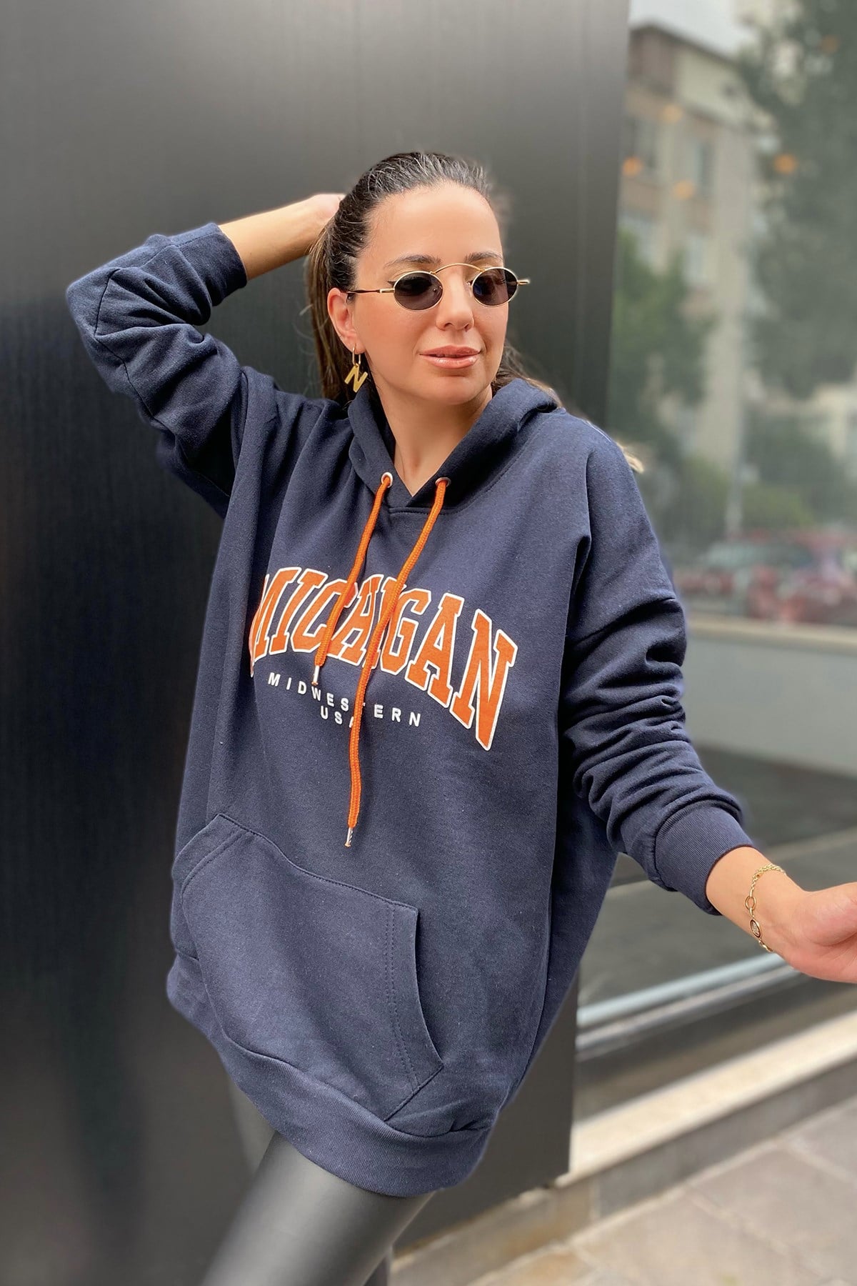 Lacivert Michigan Baskılı Kapşonlu Sweatshirt