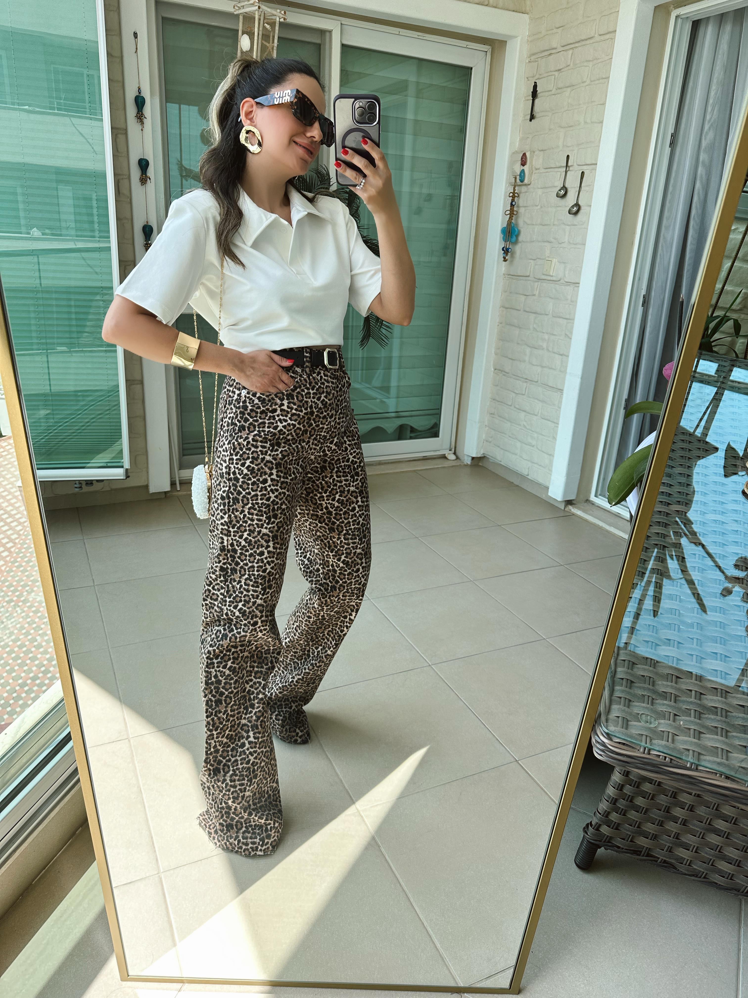 Leopar Desen Wide Leg Jean