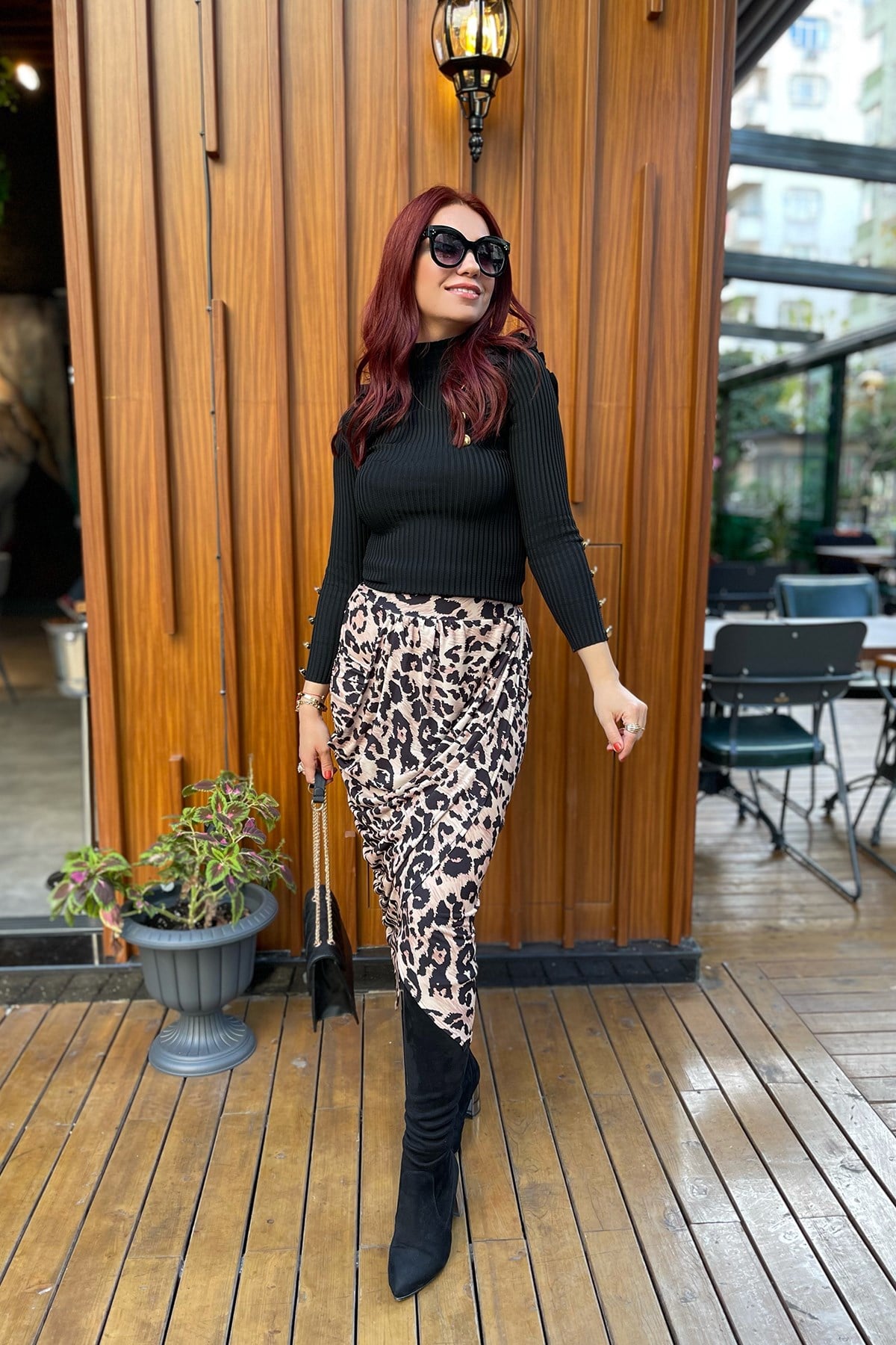 Leopar Desenli Drape Detaylı Etek