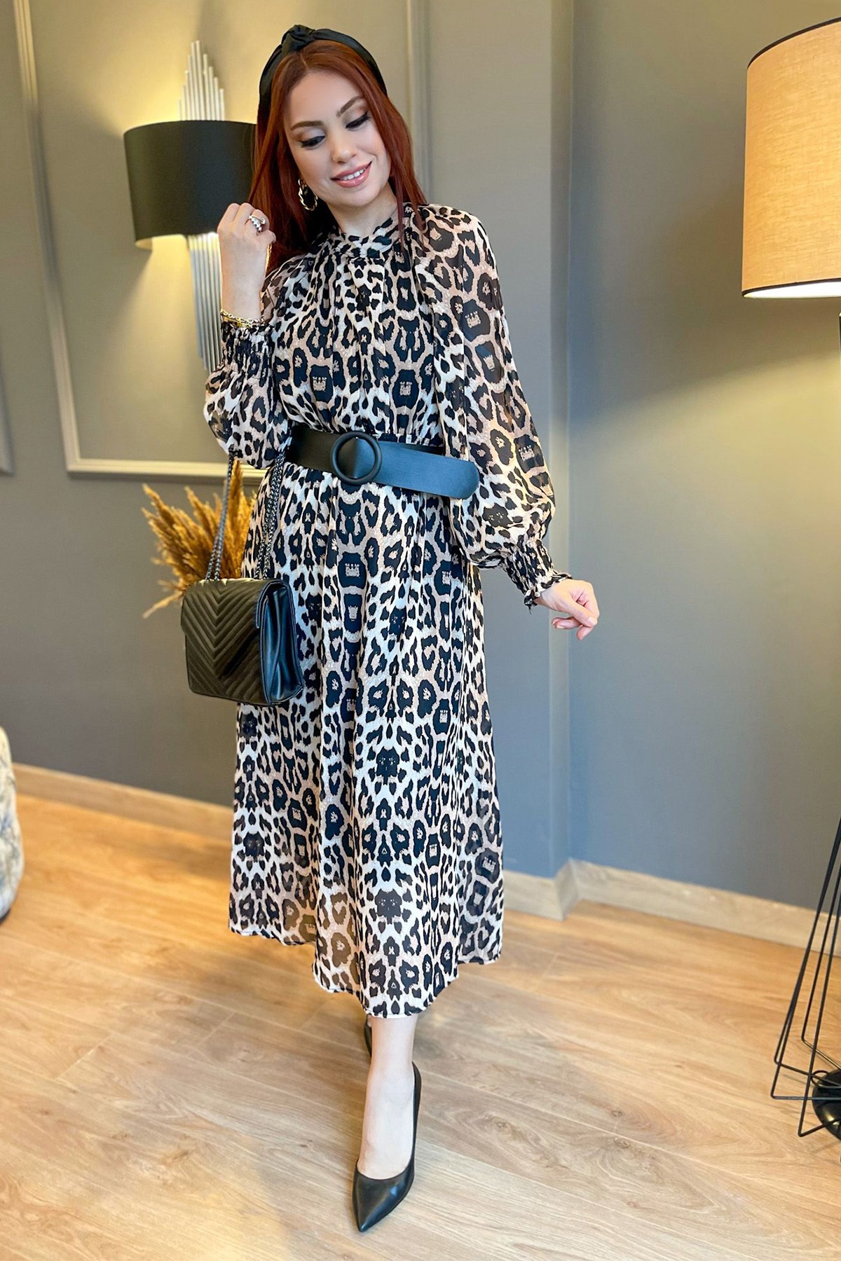 Leopar Desenli Şifon Elbise 