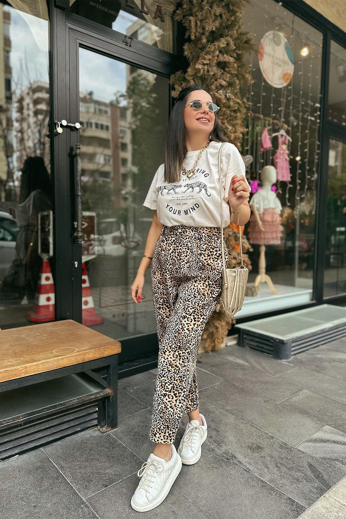 Leopar Desenli Slouchy Pantolon