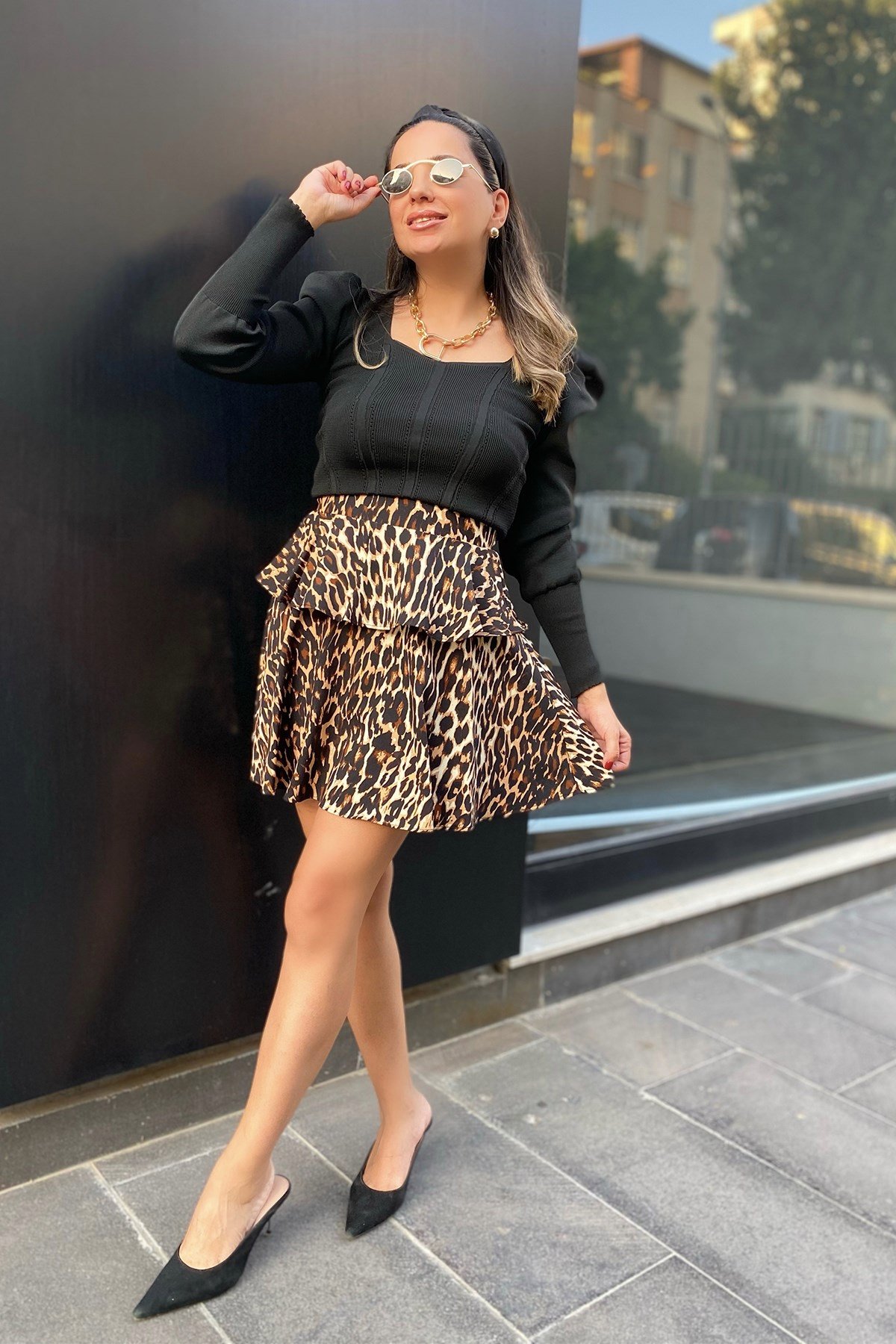 Leopar Desenli Volanlı Şort Etek 