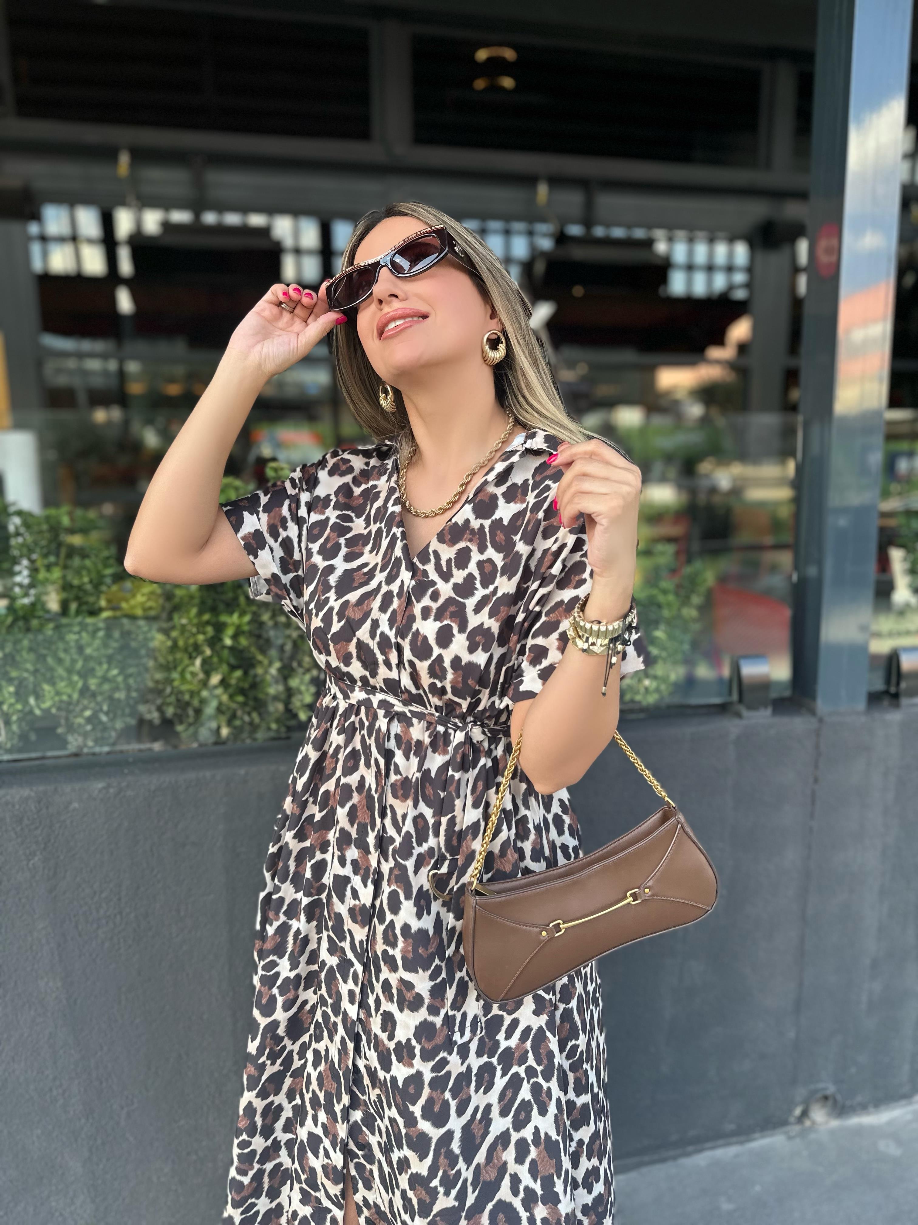Leopar Önden Düğmeli Kuşaklı Poplin Elbise