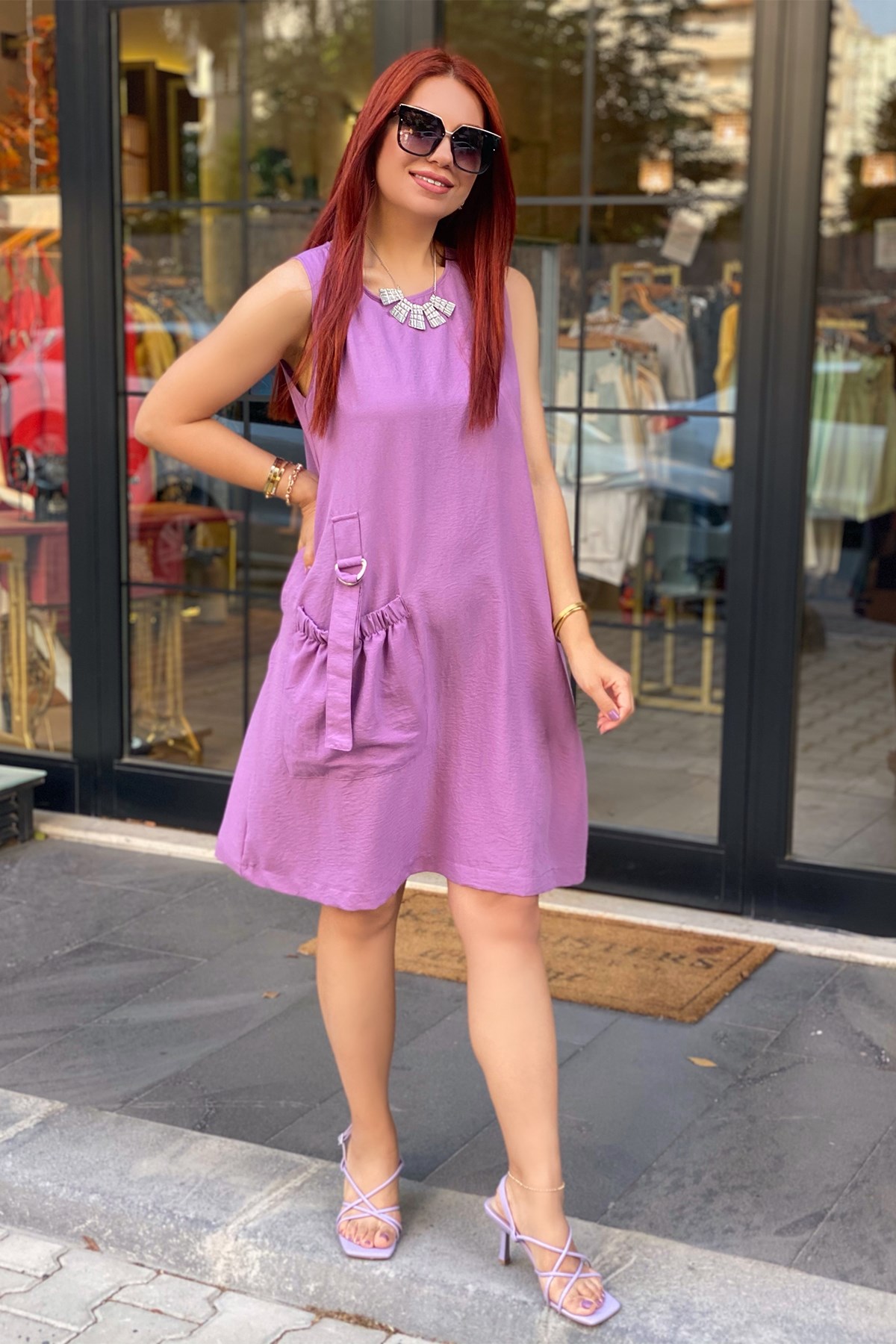 Lila Cep Detaylı Elbise
