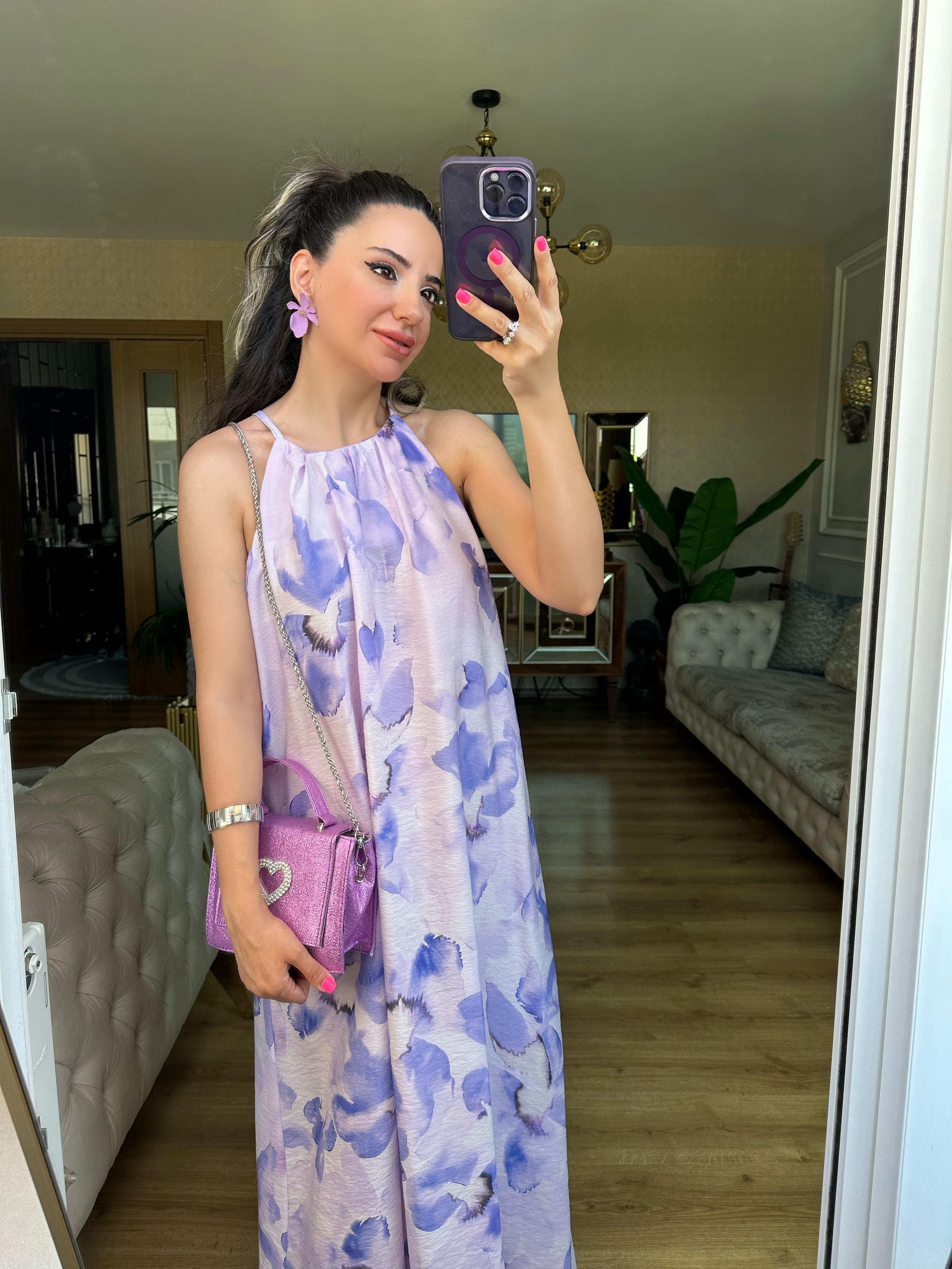 Lila Çiçek Desenli Elbise