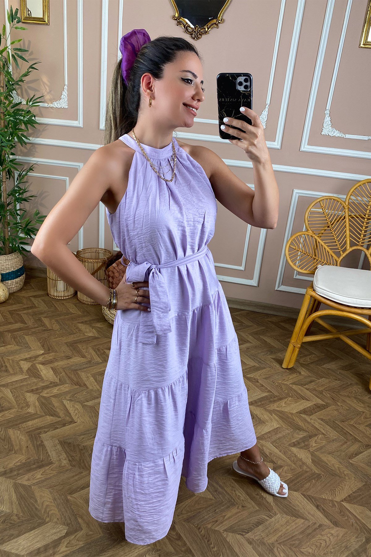 Lila Halter Yaka Bağlamalı Elbise