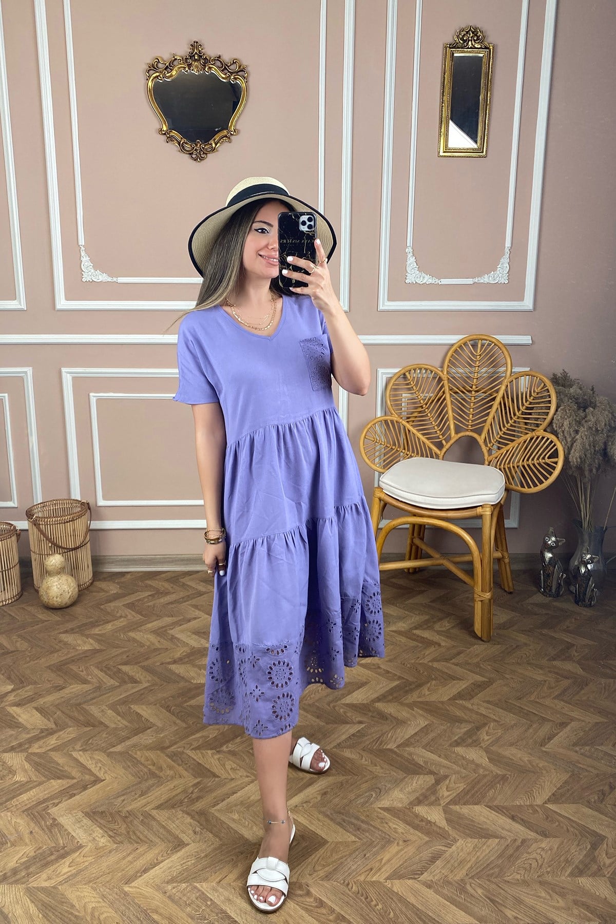 Lila Ön Cep Detaylı Elbise