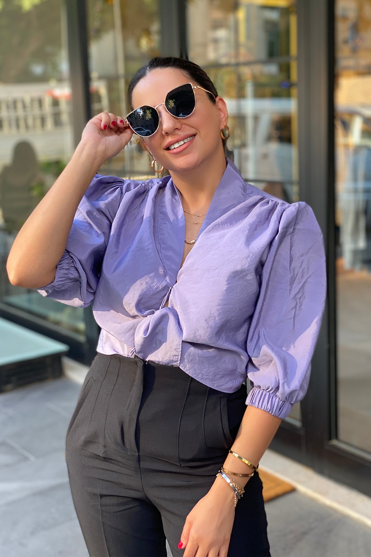 Lila Önden Bağlamalı Bluz