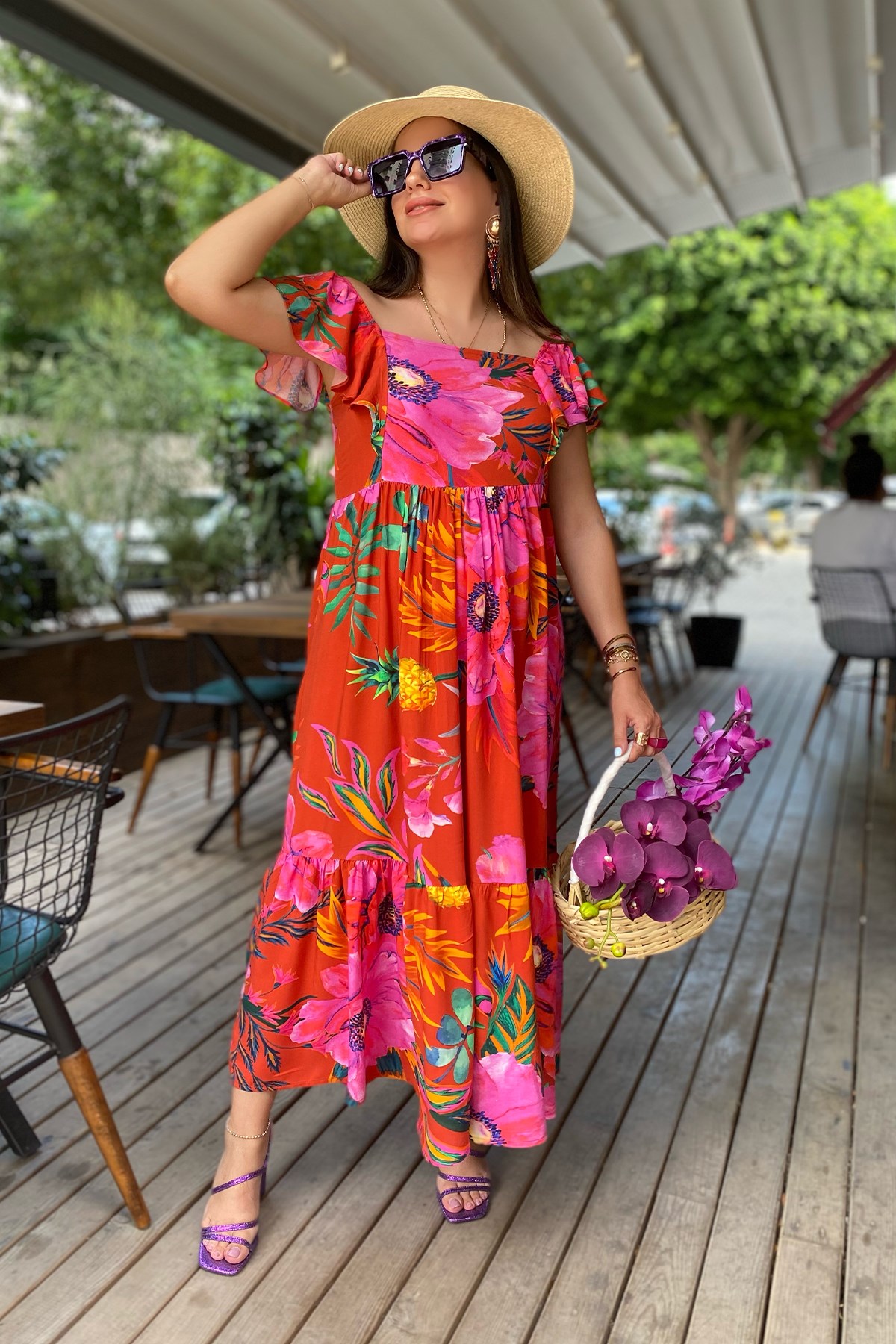 Madonna Yaka Kol Volanlı  Desenli Elbise