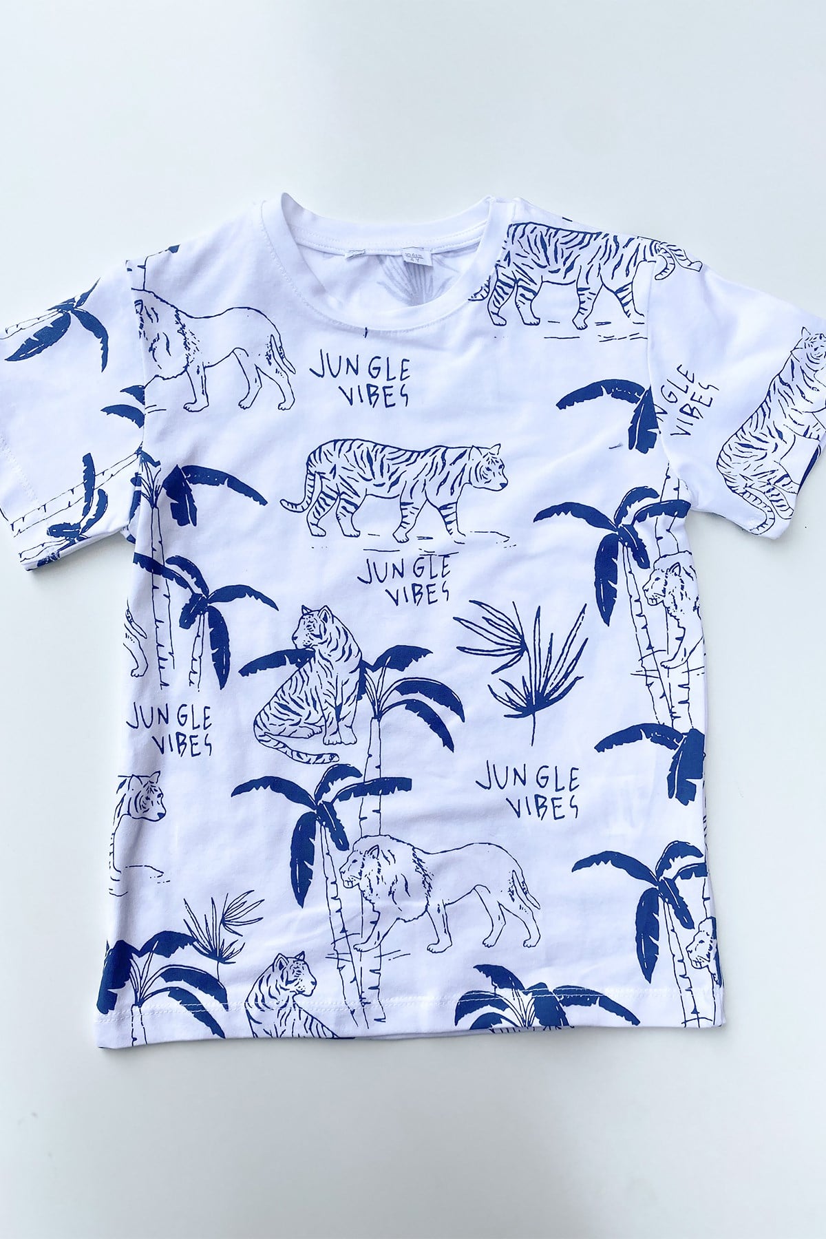Mavi Beyaz Palmiye Aslan Baskı Tshirt