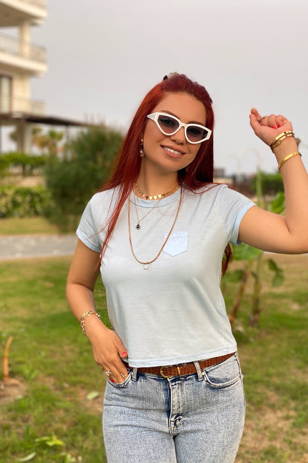 Mavi Cep Detaylı Basic Tshirt