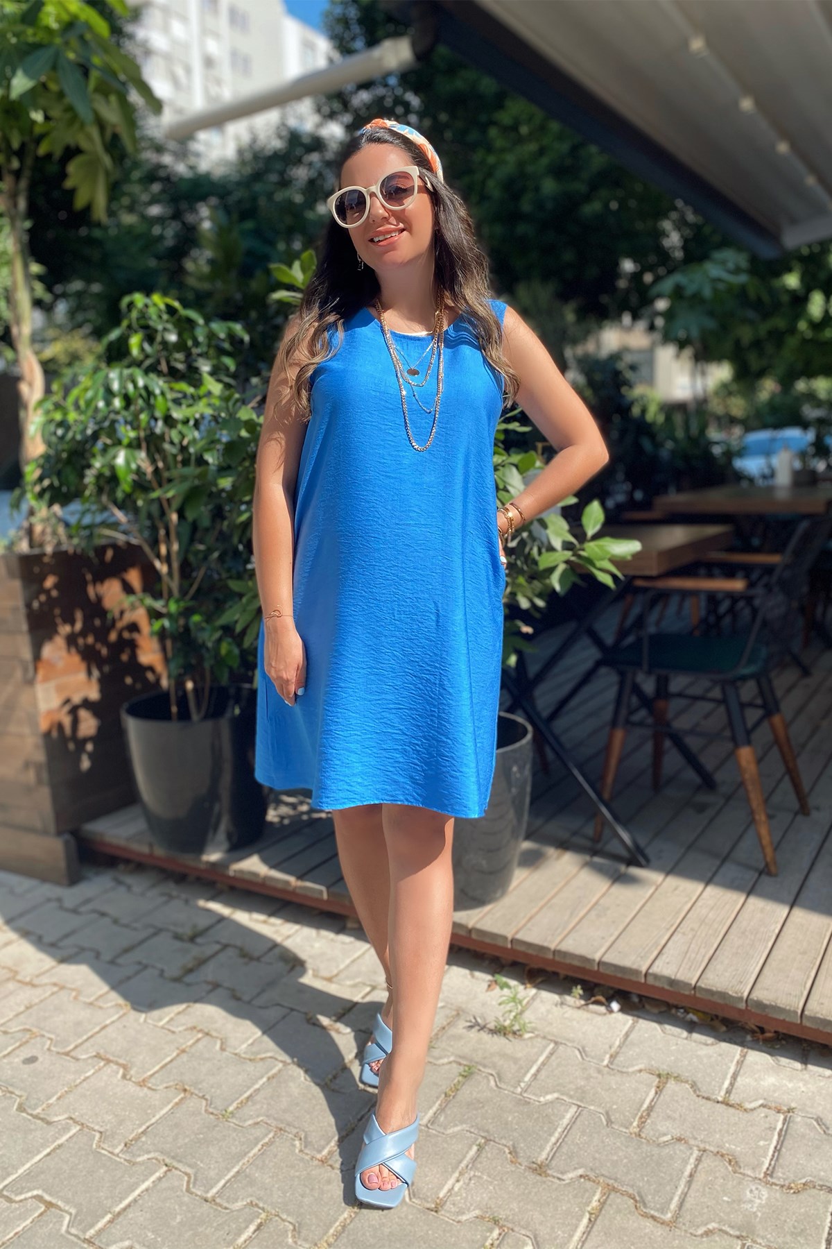 Mavi Cepli Sıfır Kol Keten Elbise
