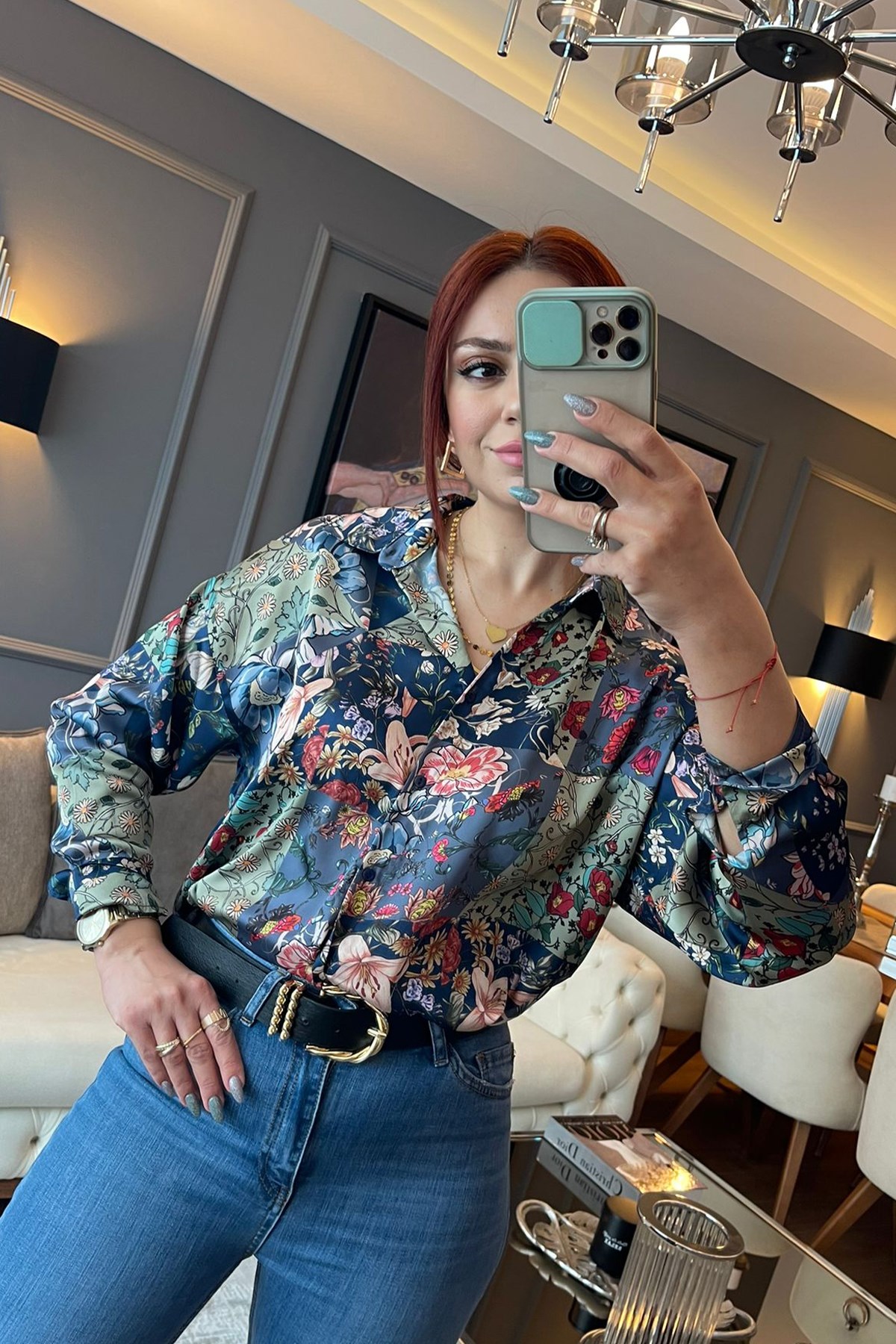 Mavi Çiçek Desenli Oversize Gömlek