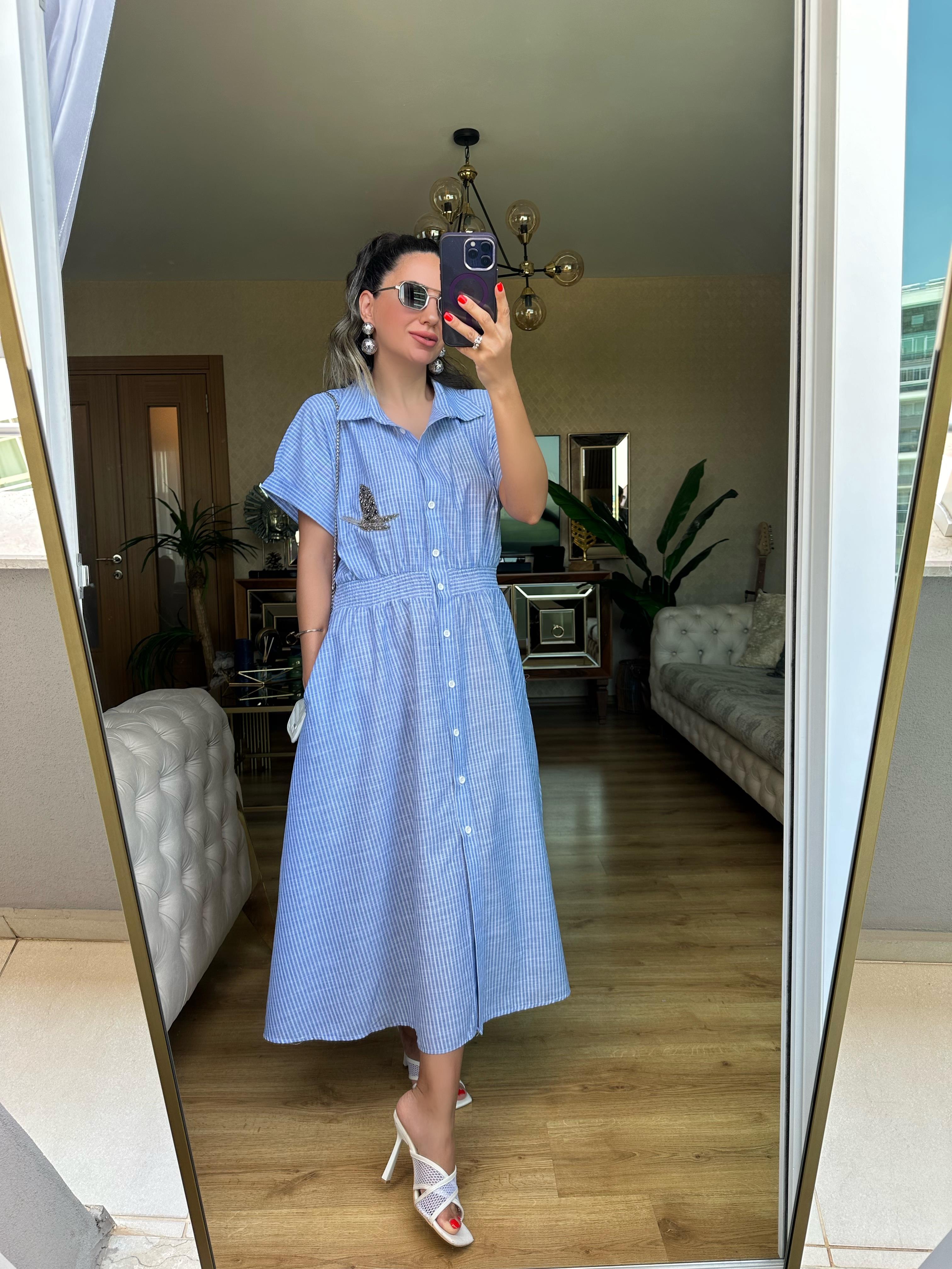 Mavi Çizgili Kuş Taşlı Elbise